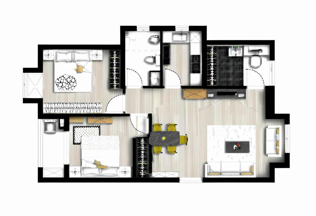 a drawing of a plan of a small apartment with a kitchen and living room, apartment design, architectural plan, floor plan, plan drawing, layout, flat 2 d, fancy apartment, house interior, architectural plans, single floor, architectural planning, building plans, 2 d autocad, black and white scheme, autocad, residential design, apartment set in the near future