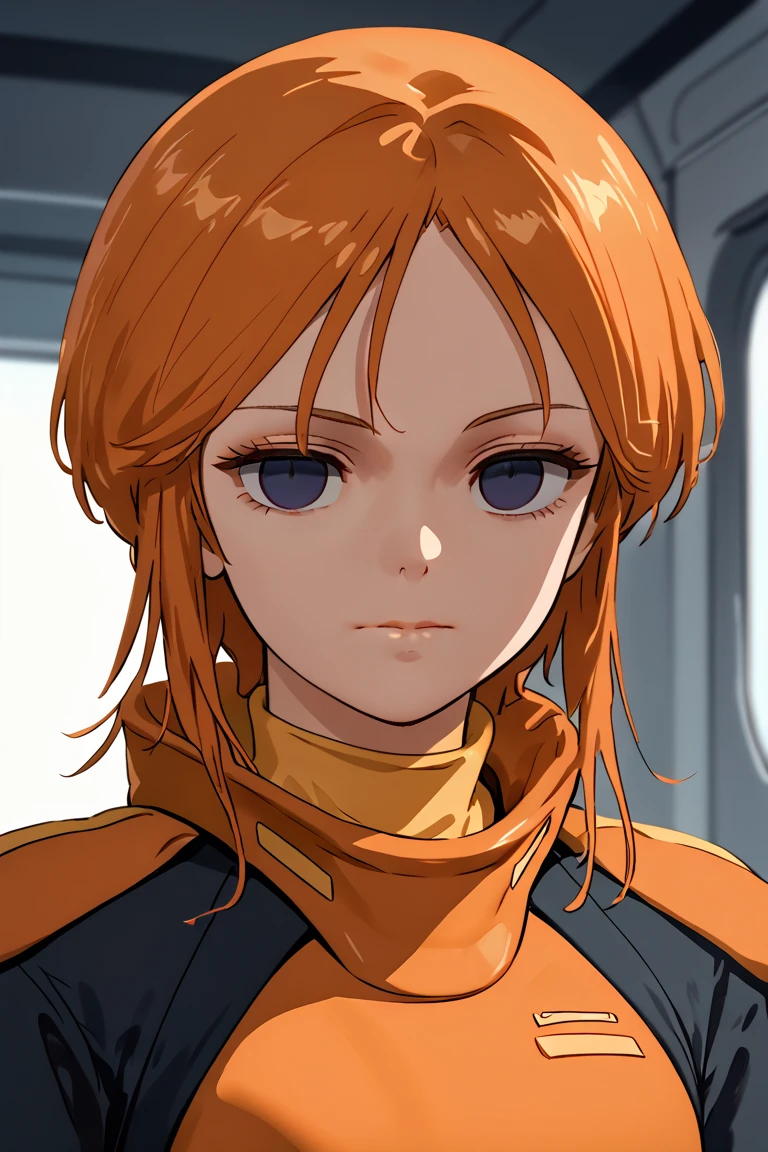 1girl,solo,lppl2,smile,upper_body,orange_hair,pilot_suit,best_quality,anime_screencap,standing, (((expressionless,empty eyes))), full body