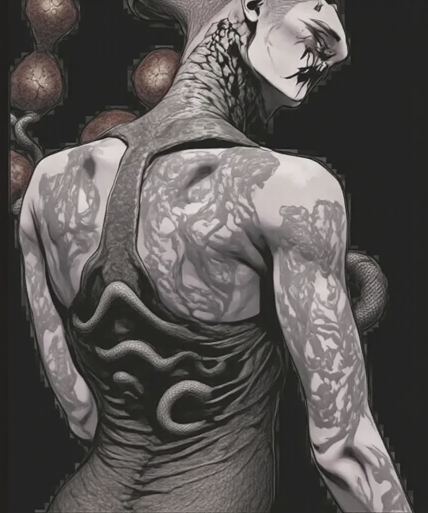 A cinematic, wordless splash page comic cover of Medusa, reimagined as a Naga snake woman hybrid. Full-length portrait, candid over-the-shoulder pose, set in a haunting pine barren forest. Her design: bald, hairless, with a serpentine lower body, snake skin tattoos, piercing snake pupils, and ornate black metal corpse paint evoking Grace Jones. She wears a sleek snake skin dress, her anatomy rendered in Frederic Delavier’s muscular precision. Background: a surreal pine barren forest at magic hour, blending with a cosmic galaxy, stars, and an abyss-like void of darkness. Double exposure effect creates an optical illusion, with pine trees morphing into ink drips and subliminal orchids. Style: gritty noir comic art inspired by Joelle Jones and Sean Gordon Murphy, with Gerardo Zaffino’s charcoal textures. Colors: bleak muted tones with deep fiery ROYGBIV accents, forest greens, and earthy browns. Craftsmanship: scratchy angular pencil underlay with bold ink overlay, ink drips forming pine tree patterns. Themes: absurd horror, cosmic surrealism, nyctophobia, and rewilding. A bold, expressive, and cinematic poster-worthy piece, blending anatomical detail, surreal horror, and comic art mastery.