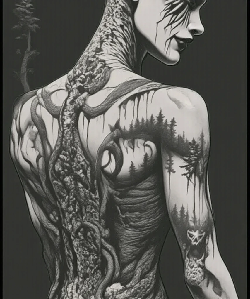 A cinematic, wordless splash page comic cover of Medusa, reimagined as a Naga snake woman hybrid. Full-length portrait, candid over-the-shoulder pose, set in a haunting pine barren forest. Her design: bald, hairless, with a serpentine lower body, snake skin tattoos, piercing snake pupils, and ornate black metal corpse paint evoking Grace Jones. She wears a sleek snake skin dress, her anatomy rendered in Frederic Delavier’s muscular precision. Background: a surreal pine barren forest at magic hour, blending with a cosmic galaxy, stars, and an abyss-like void of darkness. Double exposure effect creates an optical illusion, with pine trees morphing into ink drips and subliminal orchids. Style: gritty noir comic art inspired by Joelle Jones and Sean Gordon Murphy, with Gerardo Zaffino’s charcoal textures. Colors: bleak muted tones with deep fiery ROYGBIV accents, forest greens, and earthy browns. Craftsmanship: scratchy angular pencil underlay with bold ink overlay, ink drips forming pine tree patterns. Themes: absurd horror, cosmic surrealism, nyctophobia, and rewilding. A bold, expressive, and cinematic poster-worthy piece, blending anatomical detail, surreal horror, and comic art mastery.