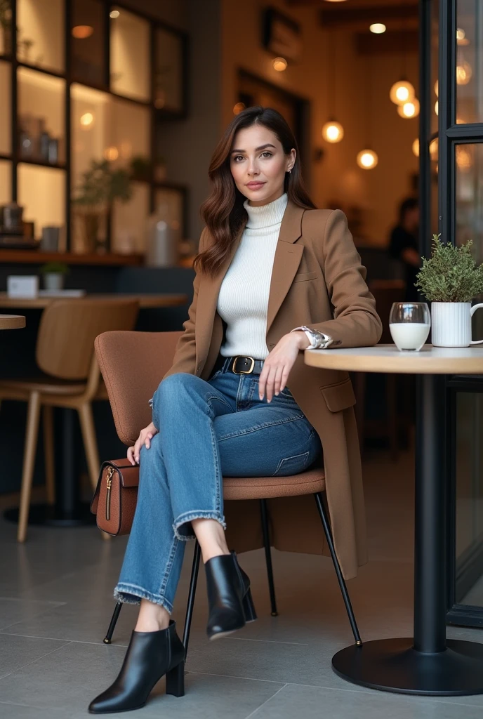 high quality,16K:1.1),(, Woman sitting on a chair in a coffee shop）Full Body Shot:1.2),(),blonde、ear piercing、ニット帽、smile、Beautiful teeth alignment、((coat、sweater、Skinny jeans、、short boots)), ,(View your audience:1.3),Coffee shop in the background
