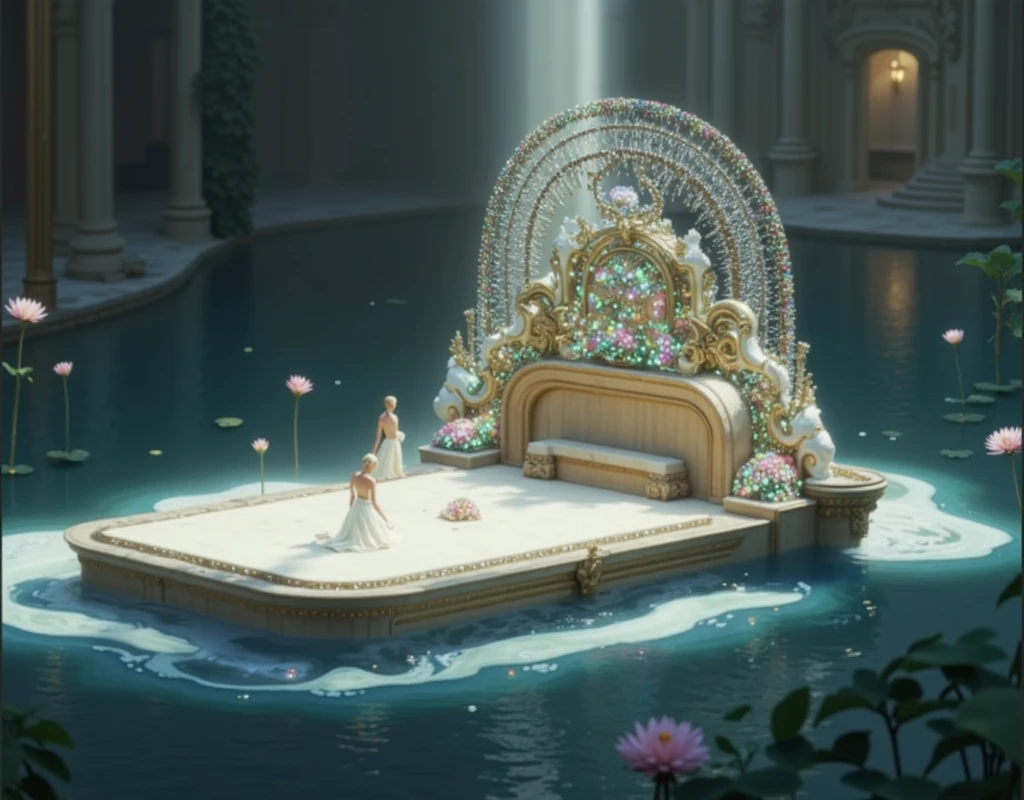 A massive, intricately carved marble box as large as a bed, resting in the center of a serene pool adorned with blooming water lilies. The bowl overflows with countless tiny, luminous, and colorful pearls, their lite hues casting soft reflections on the marble and the water below. The pool is surrounded by lush greenery, with gentle sunlight filtering through, creating a dreamy, tranquil atmosphere. The scene is infused with ethereal beauty, evoking a sense of wonder and peace, as if taken from a mythical paradise.
