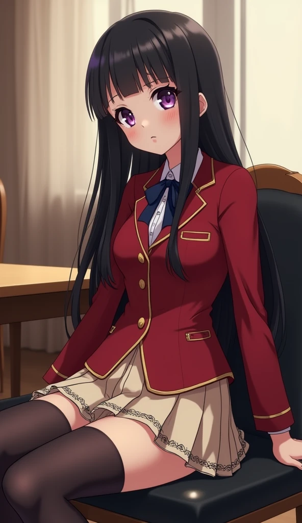 suzunehorikita, suzune horikita, black hair, braid, long hair, (purple eyes:1.1),
BREAK advanced nurturing high school uniform, black thighhighs, blazer, bow, bowtie, buttons, jacket, long sleeves, pleated skirt, school uniform, thighhighs, white skirt, zettai ryouiki, (red blazer:1.5),
BREAK looking at viewer, full body,
BREAK indoors, classroom,
BREAK (masterpiece:1.2), best quality, high resolution, unity 8k wallpaper, (illustration:0.8), (beautiful detailed eyes:1.6), extremely detailed face, perfect lighting, extremely detailed CG, (perfect hands, perfect anatomy),