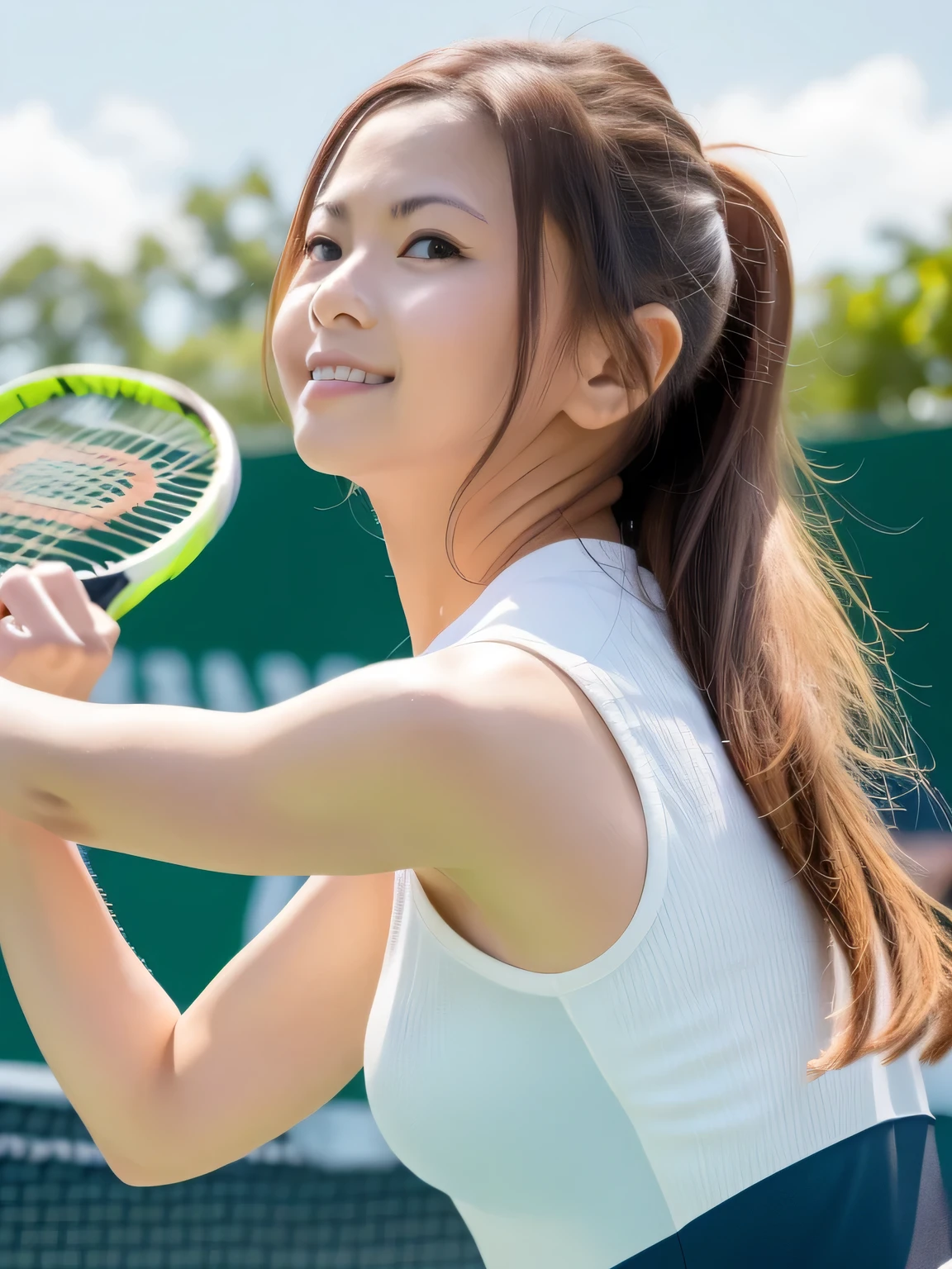 A young female tennis player dressed in a sleek blue tennis outfit stands ready, with her white undergarments visible. gripping her tennis racket with both hands in a poised and focused stance. The sunlight highlights the crisp lines of her attire and the polished strings of the racket. Her determined gaze locks onto an unseen opponent, exuding confidence and anticipation. The lush green grass of the tennis court extends into the distance, framed by a clear blue sky. This dynamic scene captures the perfect blend of elegance, power, and athletic prowess, showcasing her readiness to strike with precision and grace. smiles gently, FRIENDLY. ( RAW photos , top quality ), ( realistic , photo- realistic :1.4), masterpiece, extremely delicate and beautiful, extremely detailed, 2k wallpaper, amazing on the beach, Detailed description, extremely detailed CG unity 8k wallpaper, ULTRA DETAIL, high res, Soft light, beautiful detailed girl looking back, extremely detailed eyes and face, beautiful detailed nose, beautiful detailed eyes, cinematic lighting, Perfect Anatomy, slender body.