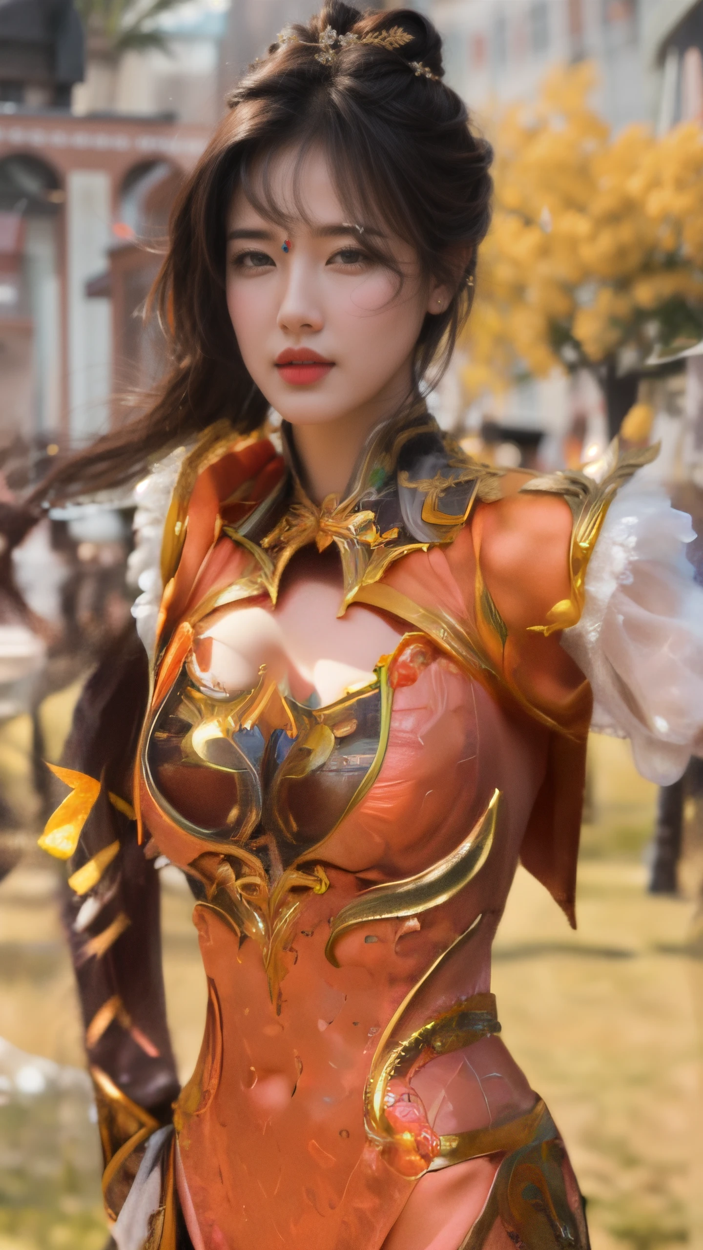 a woman in a red and black dress with a sword, full body xianxia, (top-quality:1.3), (​masterpiece:1.4),(Anatomically correct), (Full limbs),(complete fingers),(Precise fingertips), (Fine details),(8K),Photorealista,(Super Detail), masterpiece, best quality, brown hair, light green eyes, snow, solo, large_breasts, nsfw, nude,