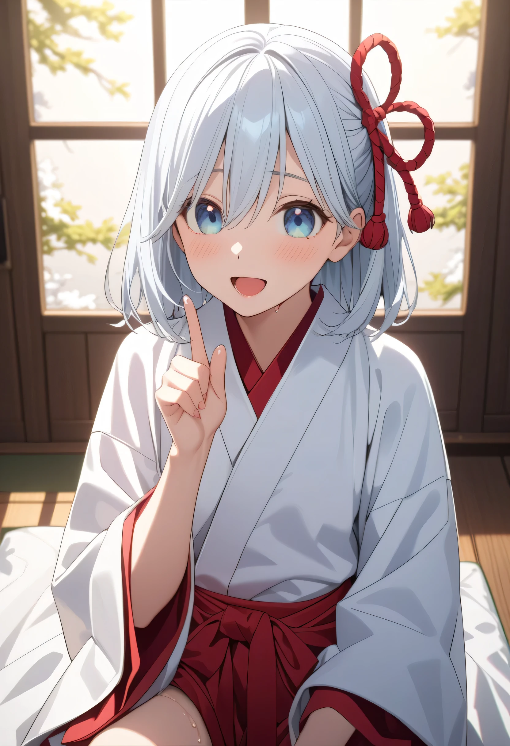 ((ultra-detailed)),   (highly detailed CG illustration),  (best quality:1.2),  ultra-highly detailed,  colorful composition, artistic photoshoot, score_9, score_8_up, 1girl, solo focus, amagamiasahi, blue eyes, white hair, red ribbon, hair ribbon, medium hair,
japanese clothes, miko, hakama skirt, red hakama, white kimono, wide sleeves, nsfw, take off clothes, topless, undone hakama, girl, female masturbation, wet vagina, (pussy juice), spread legs, right hand finger touch clitoris, left hand finger play with own nipple, ((feel of wet skin:1.2)), ((in heat:1.4)), empty eyes, saliva, open mouth, female orgasm, wariza by the window in a Japanese-style room, on the futon, Lie down and raise your upper body slightly, from top, portrait, depth of field, soft lighting, sidelighting, (shine), lighting, caustics, ray tracing, bashful, perfect face, lustrous skin, highly  detailed face, highly detailed eyes, perfect face, perfect nose, perfect hair, perfect eyes, perfect anatomy, beautiful hair, beautiful small face, extremely detailed face, beautiful detailed eyes, beautiful clavicle, beautiful body, beautiful small breasts, small pale pink nipples, beautiful thin thighs, beautiful legs, beautiful fingers, 4 fingers, 1 thumb, lovely, (very detailed background:1.0), (highly detailed background:1.0), winter aesthetic, intricate details, excited atmosphere, winter colors palette, chromatic aberration