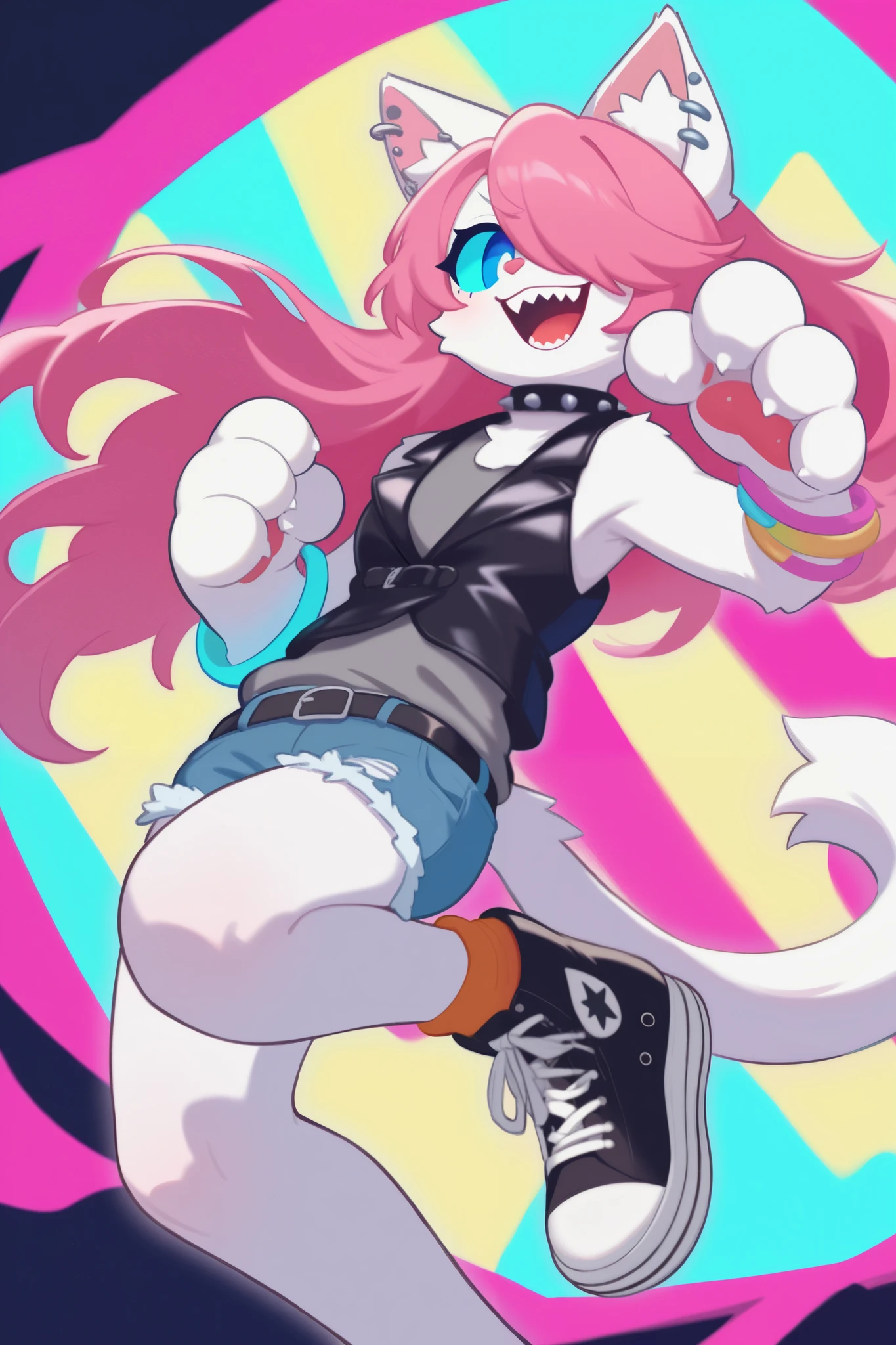 1girl, solo, female, feline, cat, white fur, pink hair, long hair, hair below shoulders, hair covering one eye, blue pupils, blue sclera sharp teeth, smiling, ear piercings, leather vest, gray shirt, ripped jeans, jean shorts, dynamic pose, good pose, spiked choker, bracelets, kandi, rave gear, rave, converse, thick lineart, flat colors, teeth closed