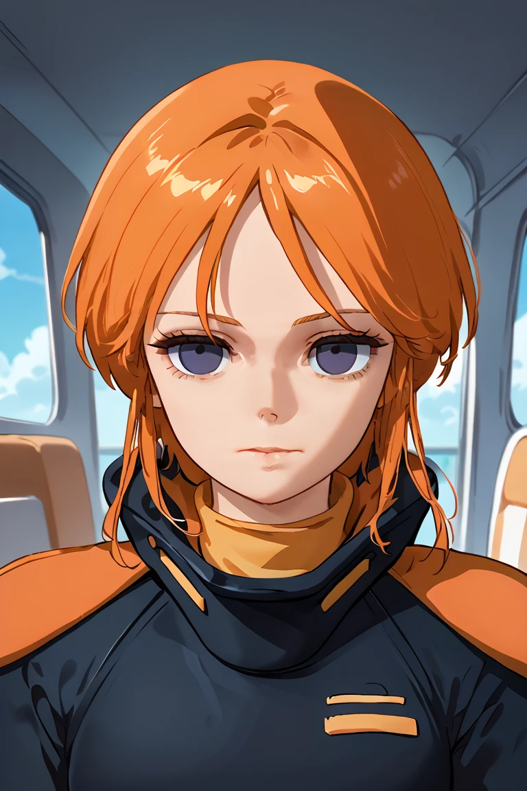 1girl,solo,lppl2,smile,upper_body,orange_hair,pilot_suit,best_quality,anime_screencap,standing, (((expressionless,empty eyes))), full body