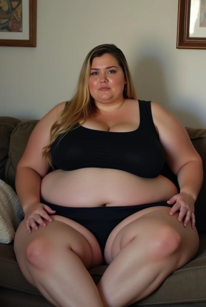masterpiece, 8k, ((full body view)), (detailed_face), smiling, long_brown_hair, ponytail, ssbbw, (morbidly_obese:1.4), (blob), sweaty_body, (Gigantic Sagging cleavage:1.5), (Gigantic_breasts:1.5), (massive_belly), (wide_hips), (fat_thighs), (fat_arms), (black_tank_top), (black_sweatpants), (white_socks), living_room, couch, window,