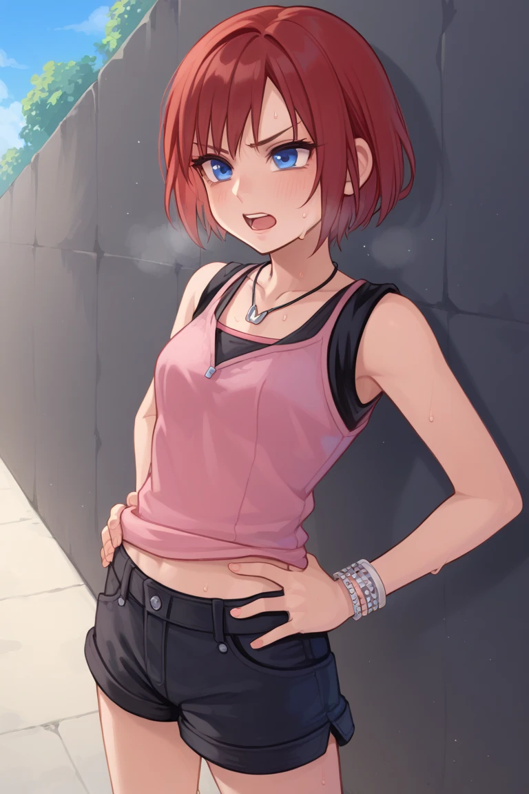 score_9, score_8_up, source_anime, highly detailed, 1girl, solo,
kairi, 1girl, solo, blue eyes, jewelry, boots, necklace, short hair, red hair, pink tanktop, black short shorts, half body,
outdoor, hands on hips, out of breath, sweaty, frustrated expression,  open mouth, wiping face, wiping sweat, lifted by self, shirt lift, shirt, sweat, 