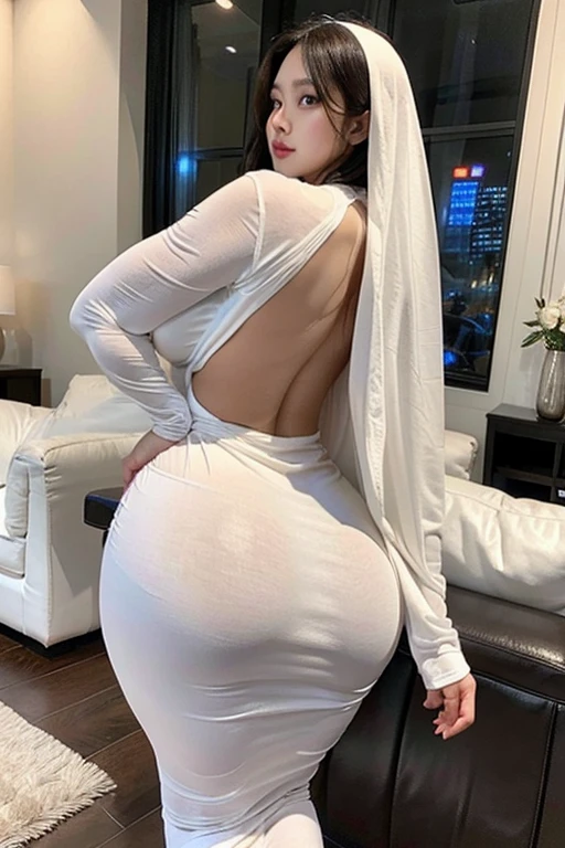 see through clothes(Full body female love:1.3),best quality, masterpiece, ultra high resolution, (lifelike:1.4), original photo, 1 female,35 years old, black hair, big eyes, Detailed eyes and face,huge breasts,split,long legs,Belted robe open ,bare shoulder,no underwear:1.5,see through clothes,Hollow material white clothes,kitchen:1.3,Smile、sleeveless costume、((Maid clothes))、Extremely revealing clothingHuge breasts and ass on a thin body、Clothes with a wide open back