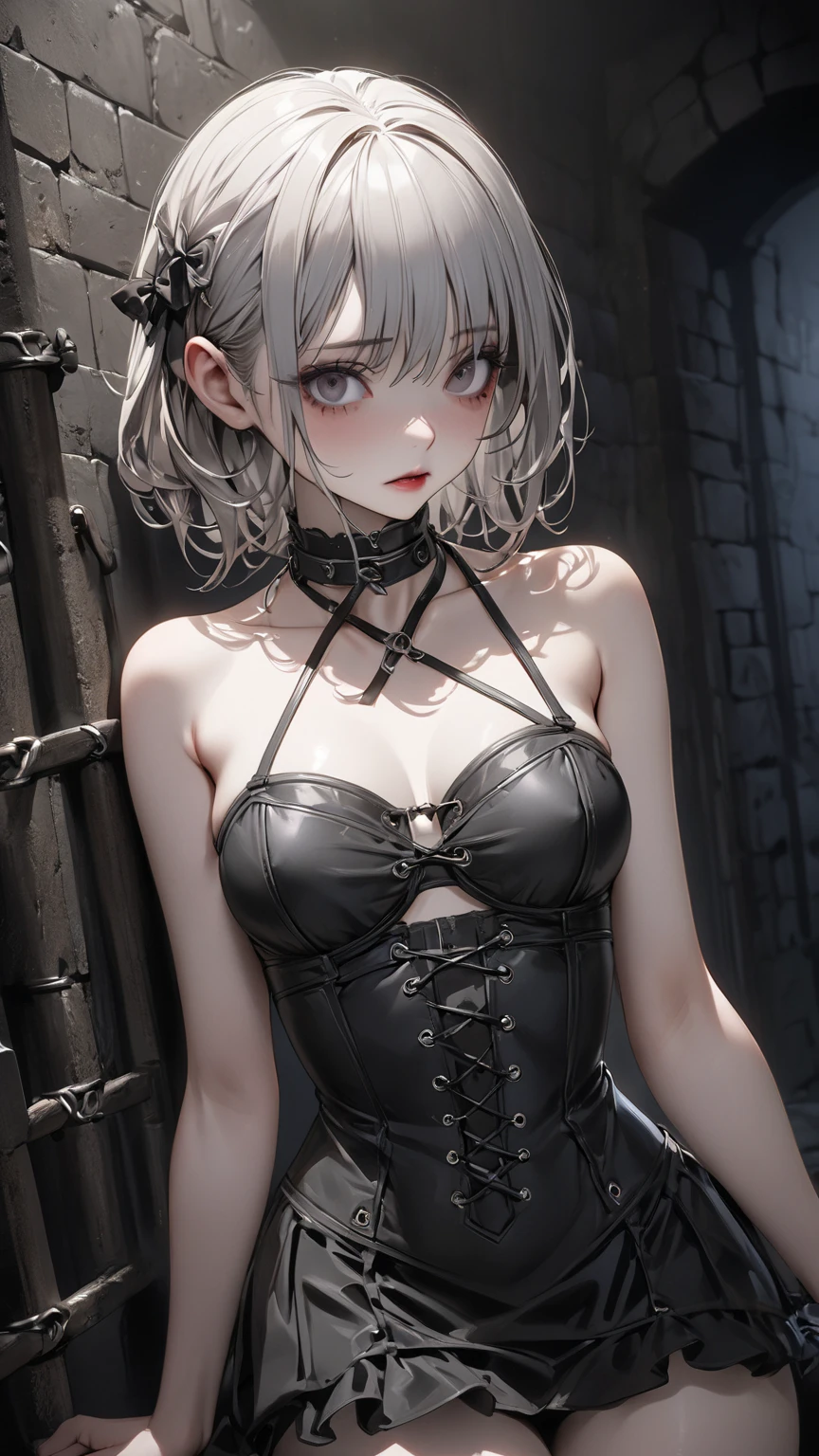 (highres:1.2),woman in a sheer dress (gr3ysh33r:1.1),hogtied and gagged,emphasizing the vulnerability of the female form,dramatic lighting,stark contrast between light and shadow,subtle but deliberate focus on the woman's eyes and lips,atmospheric palette of cool tones and muted colors,hints of mystery and suspense,painterly texture,impressionistic style,combining elements of portraiture and abstract art