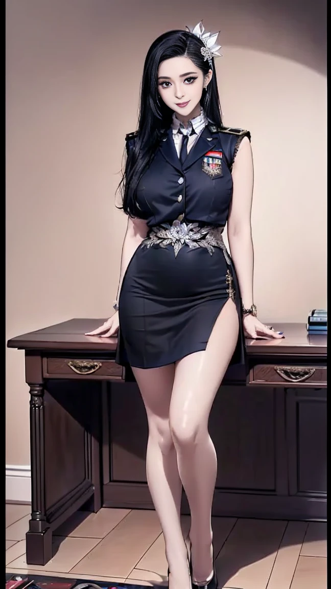 woman(upper body:1.2 1girl, masterpiece, best quality, ultra-detailed, illustration, finely detailed eyes and detailed face) Clothes: military outfit, special force general, Appearance: black hair in a , natural makeup, (purple eyes:1.05), wide hips, massive breasts, alluring, motherly, looking at viewer, curvy, voluptuous, full body, (mature female, milf:1.1), solo, (curvy:1.1), big ass, thick thighs, milf, modern military office background, sitting down, legs crossed