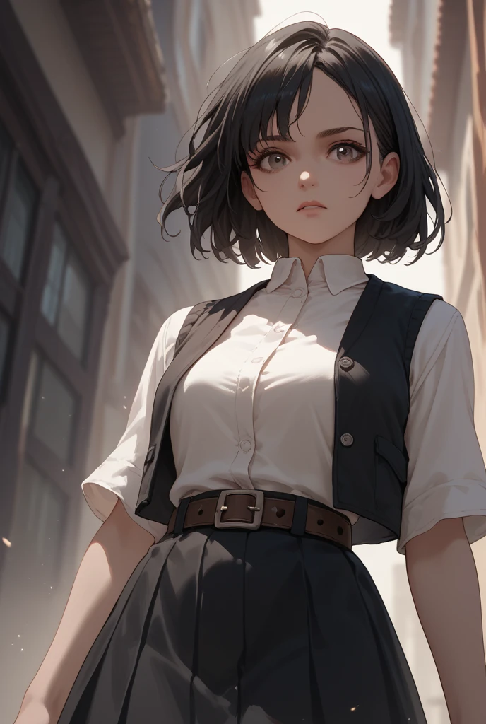(solo), pitch black hair, messy hair, mane hair, short hair, dense hair, wild hair, expressive hair, mature,(25 year old), pale skin, ((Female)), grey eyes, beautiful girl, wearing a black shirt, emerald green trench coat, white dress pants, open suit, thicc, beautiful, attractive, big breast, medium ass, succubus tail, succubus horns, eye reflection, depth of field, thunder aura, cinematic lighting, ray tracing, depth of field, cinematic lighting, ray tracing, UHD, high details, best quality, highres, high quality, award winning, super detail, masterpiece, 8k, UHD, high details, best quality, highres, high quality, award winning, super detail, masterpiece, 8k, digital art, anime coloring, body shot, good face, perfect face, detailed face, good eyes. The background is a mall