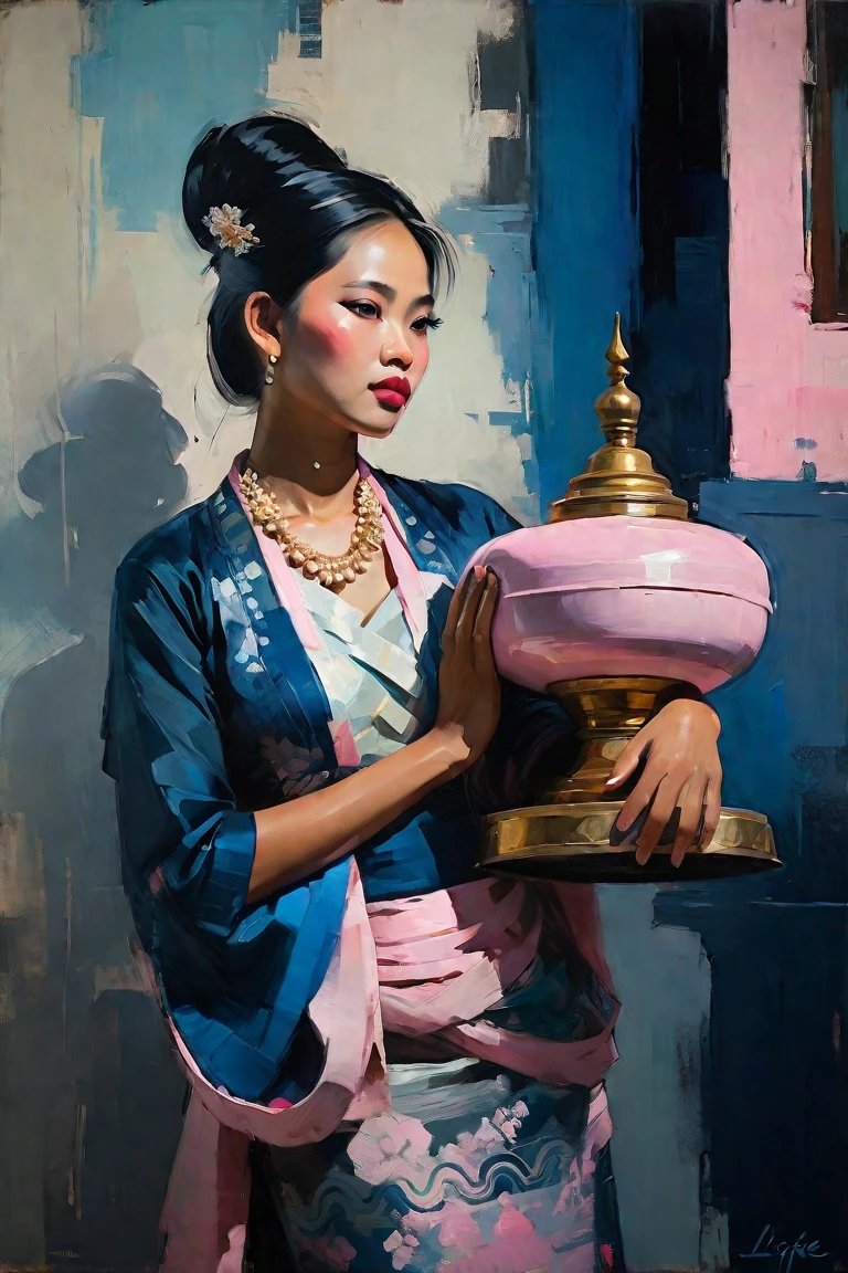 Create a contemporary portrait of a Burmese woman, with Traditional Burmese dress in the
expressive and painterly style of Malcolm Liepke,
utilizing a palette of light pink, muted blue, dark
grayish blue, bright blue, very dark gray, and
light grayish blue.The portrait should feature a
close-up of the subject's face with strong,
dynamic
brushstrokes and a focus on capturing
the depth and texture characteristic of
Liepke's work. Use light pink and bright
blue for the highlights and vibrant
areas,while employing muted blue, dark
grayish blue, very dark gray, and light
grayish blue to create shadows and
depth. Ensure the background
complements
the portrait with subtle variations of the
same color 
palette, evoking a sense of modern
elegance and
emotional intensity