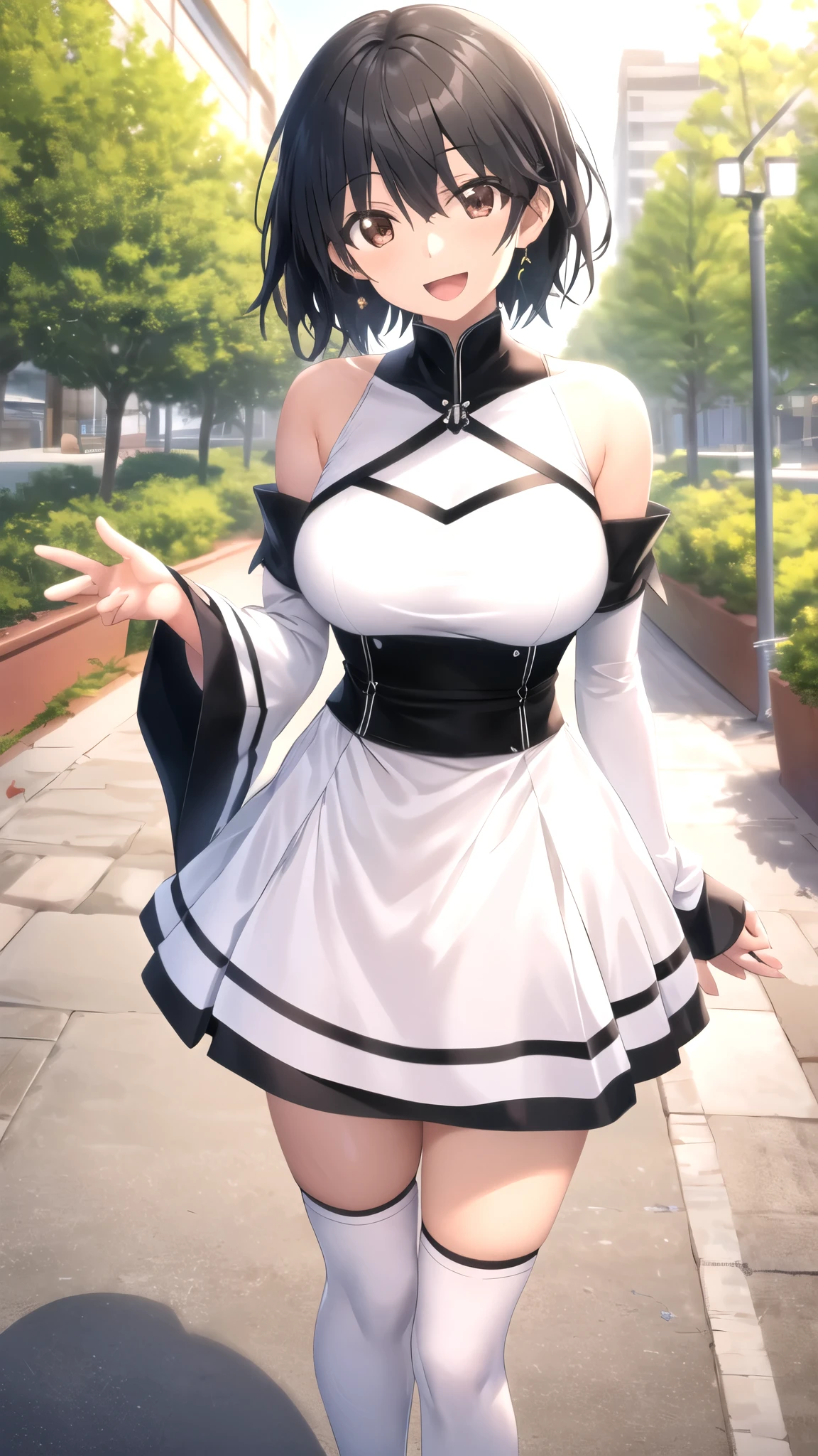 masterpiece, best quality, high quality, girl, solo, looking at viewer, ichika_orimura, black hair, brown eyes, large breasts, white dress, detached sleeves, blue thighhighs, standing, outdoors, smile, open mouth 