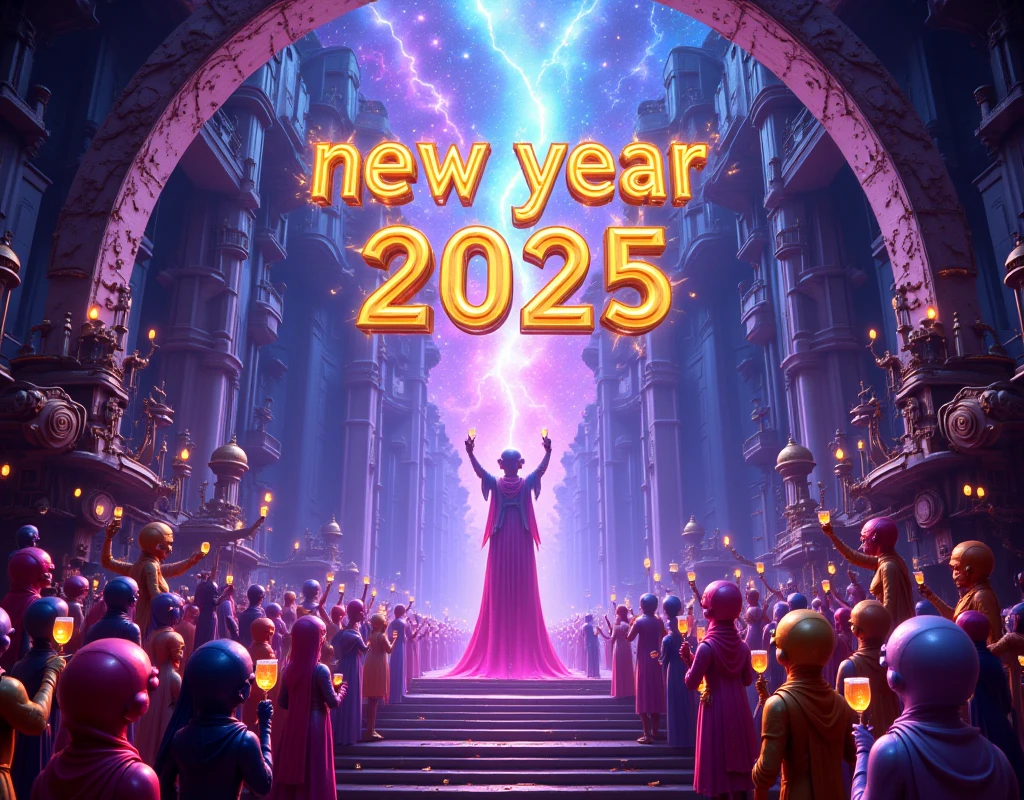 A symbol of a the text word "Welcome 2025" on divinity guardian of the galaxies in a giant structure like a galactic gateway with steps, cheering alien people in a crowded holding wine glass, vibrant multi-colored, H. R. Geiger style, Cyberpunk, Steampunk, Mix-punk, High definition, Photo realistic, specified, Space Art