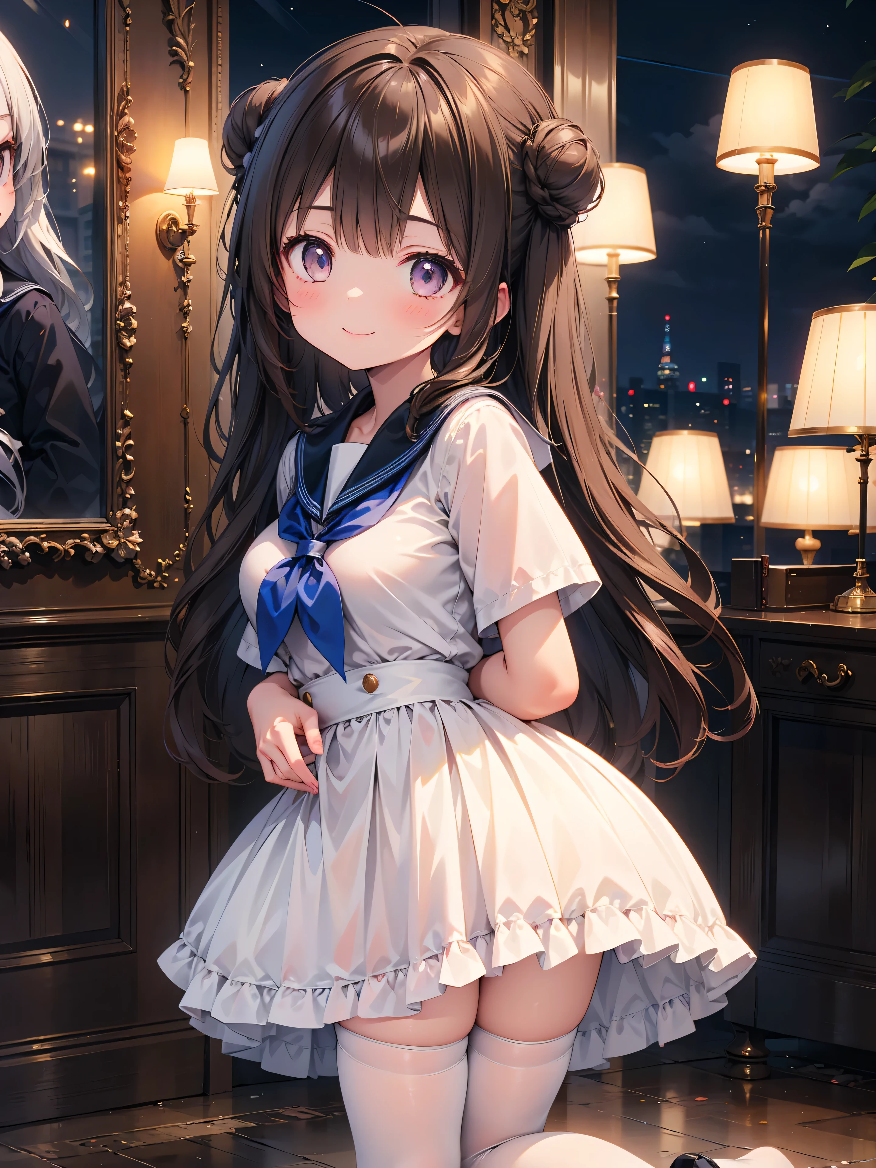 Highly detailed, high quality, masterpiece, beautiful, (all photo shooting), girl student girl, perfect eyes, brown eyes, light eyes, happy face, smiling, big thighs, medium breast, long hair, brown hair, bun on head, on her knees and hands on the floor, from behind, sailor suit, with white stockings, short purple skirt, sexy, shows full panties, background image in a hotel at night