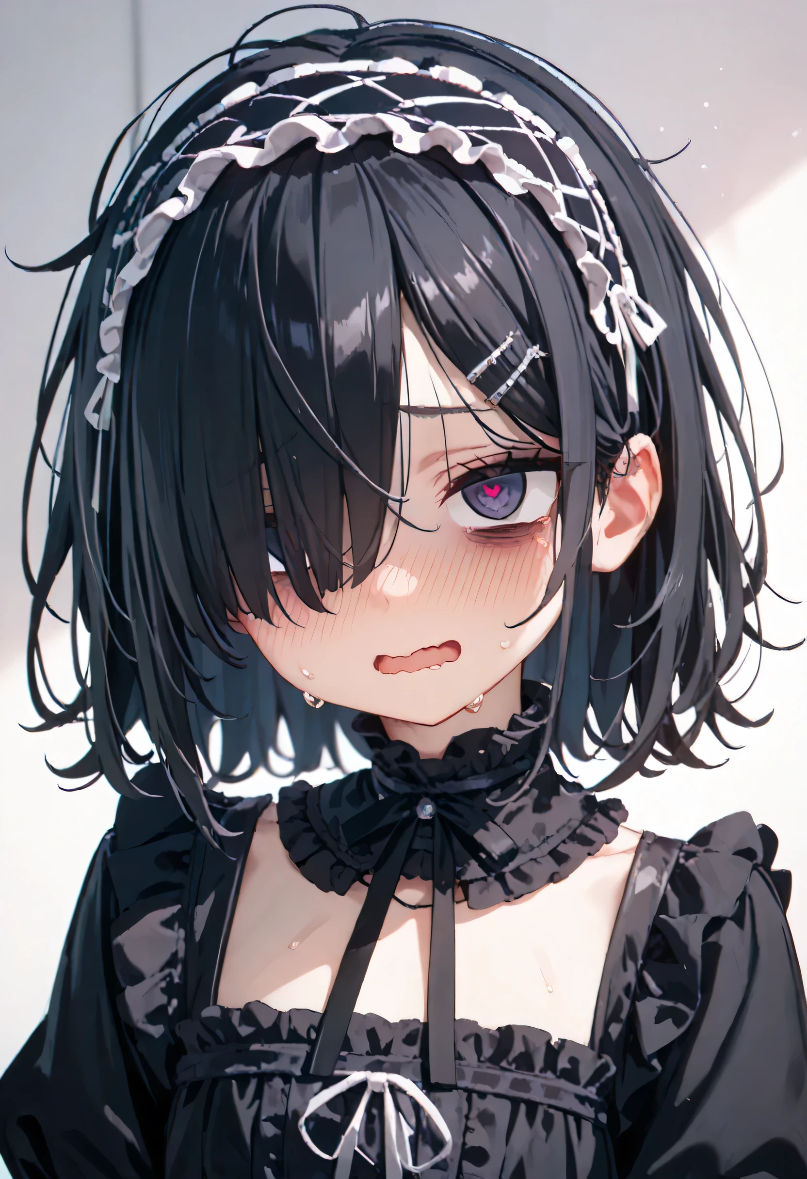 ((Gothic ta:1.5)), flat chest, skinnybody, Droopy eyes 、((bags under her eyes:1.3))、messy hair, wavy mouth, open her mouth, sweat, shy, black hair ,hair over one eye, blush, aroused, heart shaped pupils, hairband, hairclip, 
