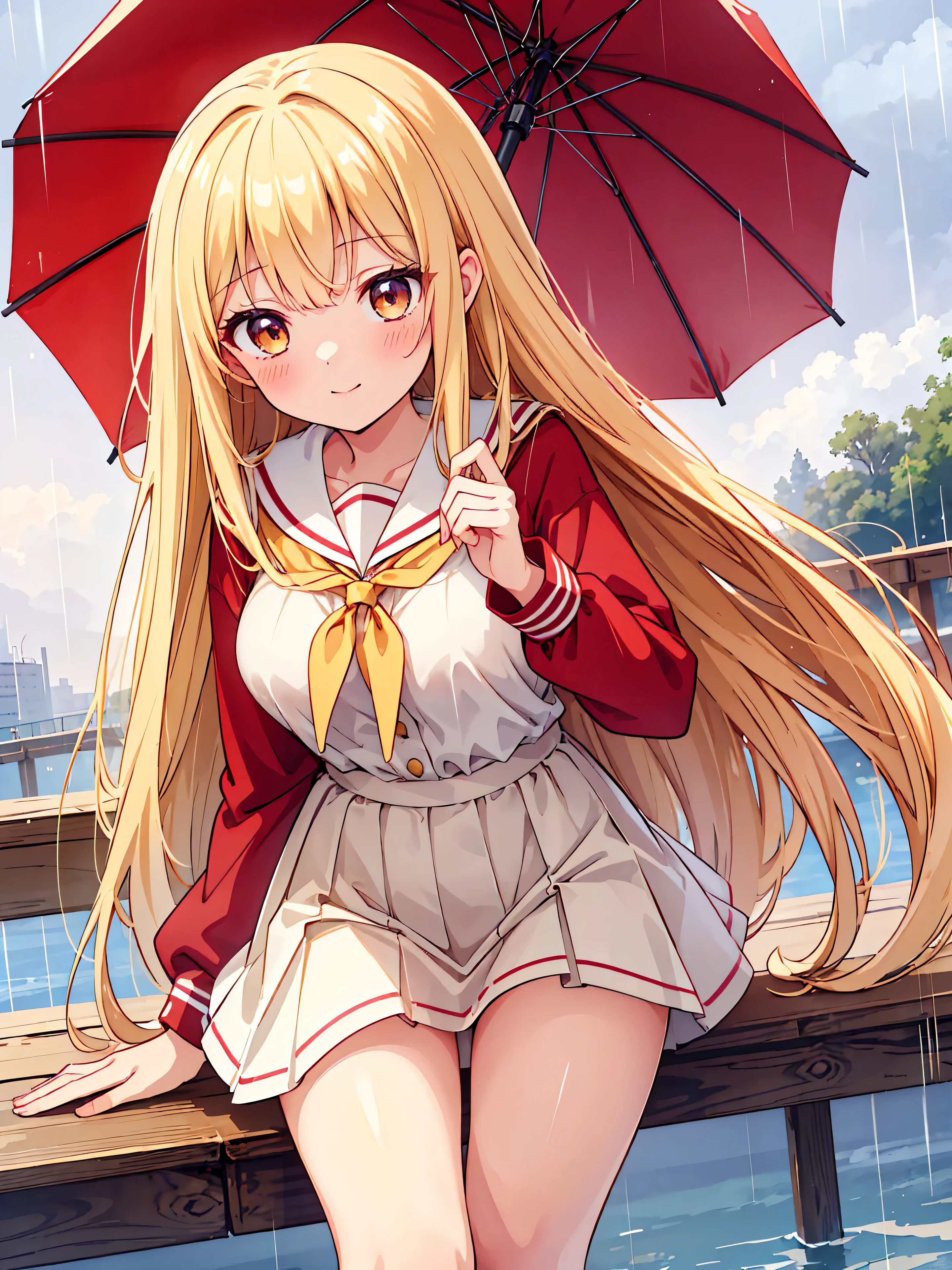 Highly detailed, high quality, masterpiece, beautiful, (all photo shooting), girl student girl, perfect eyes, light brown eyes, clear eyes, blushing face, happy face, big thighs, medium breast, long hair, blonde hair, wearing red sailor suit, gray short skirt, sexy, full panties, background image on a bridge with rain