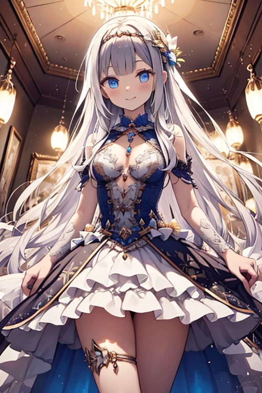 Dramatic composition,White court-style dress,royal,a gorgeous,Layers of frills,The best princess,Dark blue cloth,Ruffles,Bow knot,Ponet cap,Maximalism,Palatial background,Carefully depicted hair and eyes,Princess dress,Gorgeous dress,ssmile,Starry eyes,cinematric light,extreme hight detail,High- sharpness,Happy girl,Very long hair,Diamond,pearls,Broken diamonds,Crystal Shard,light particules,(Dazzle:1.1),(Flowing skirt:1.1)