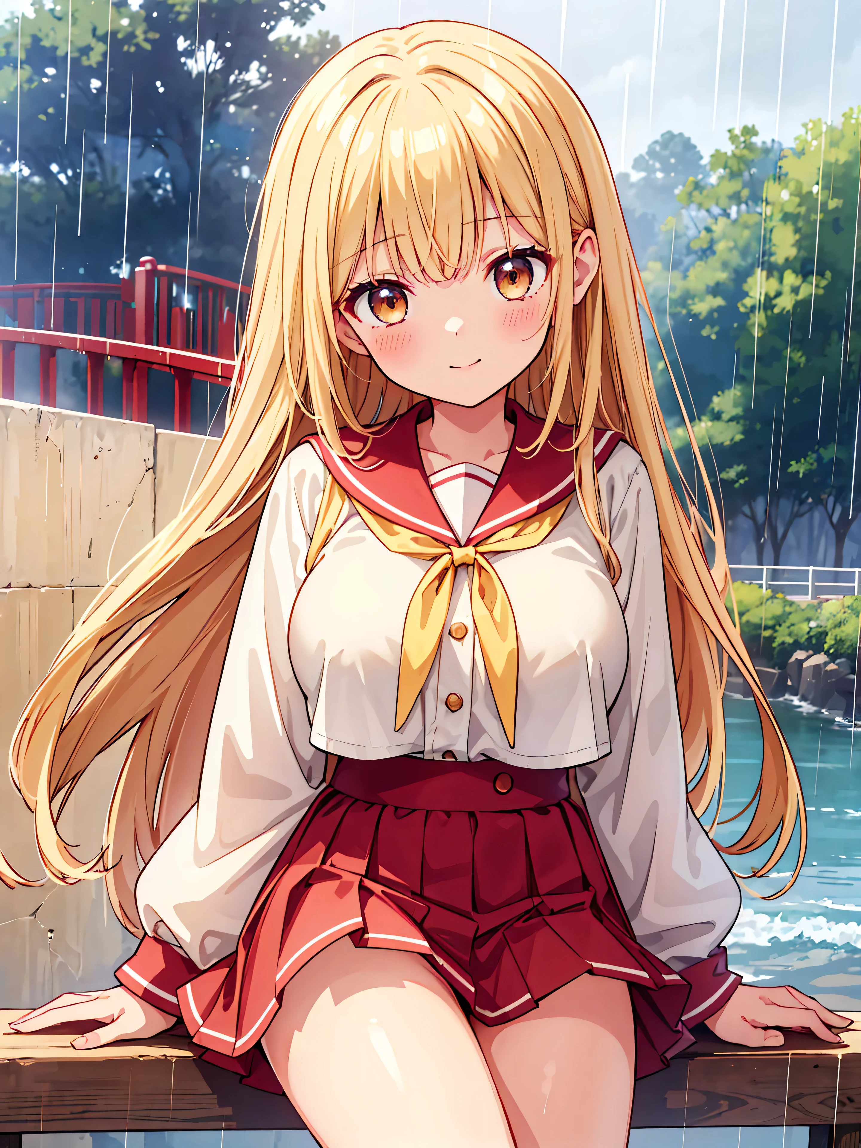 Highly detailed, high quality, masterpiece, beautiful, (all photo shooting), girl student girl, perfect eyes, light brown eyes, clear eyes, blushing face, happy face, big thighs, medium breast, long hair, blonde hair, wearing red sailor suit, gray short skirt, sexy, full panties, background image on a bridge with rain