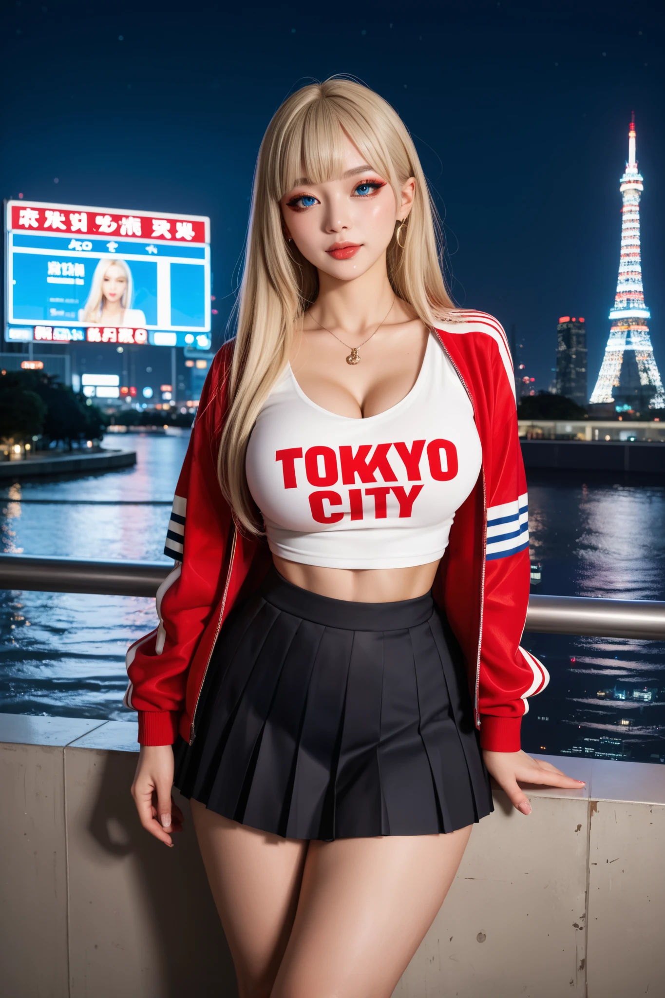 (Top image quality), (ultra-detailliert),(High definition CGUnity 16k wallpaper:1.5), (masterpiece:1.5), (top-quality), (Best Detail), (Best Illustration), (Best Shadow), (Realism:1.5), (japanese Realistic human clear skin:1.3),Photorealistic perfect body、(realistic perfect detailed amazingly unbelievably exceptionally huge-breasts with beautiful cleavage:1.7)、(having clothes are worn with | jill stuart | pattern :1.7),(luxury fashionable short jacket and sexy gorgeous bare top :1.9),(a gorgeous luxury perfect detailed low waist skirt :1.9),( luxury gorgeous colorful flashy colors bustier :1.7)、 (gorgeous luxury sensual incredibly mycro small side-string black panties with intricate embroidery:1.2),( japanese 14yo bewitching amazingly stunning pretty kogyaru:1.7)、Ultra-high image quality、Ultra-high realistic image quality、( like a japanese gal's beautiful blonde and colorful Highlights Interesting eccentric hairstyle:1.9)、(realistic background from Shibuya street in Midnight Tokyo with many kogyaru passersby with skyscrapers:1.7)、(gal fashion, Dark eyeshadow、thick eyeliner、Gal style earrings、Gal style necklace、Gal style bracelet:1.2)、(cowboy shot:1.2), (from below:1.5),(a gust of wind:1.0),(like a japanese violence immersive fighting action movie scene, street fighting, fighting stance:1.4),(perfect detailed stunning pretty small oval baby face:1.8),( sexy smile :1.5),( panchira:1.2),(windy up mycro skirt with showing side-strings mycro panties :1.3),(small slender athletic muscular body,incredibly slender waist:1.4),(thin thighs ,bare legs:1.2),(abs:1.3),(beautiful navel:1.5), (Perfect anatomy, correct anatomy, perfect proportions, perfect face, perfect legs, perfect fingers, perfect hands, perfect mouth, perfect lips: 1.3)