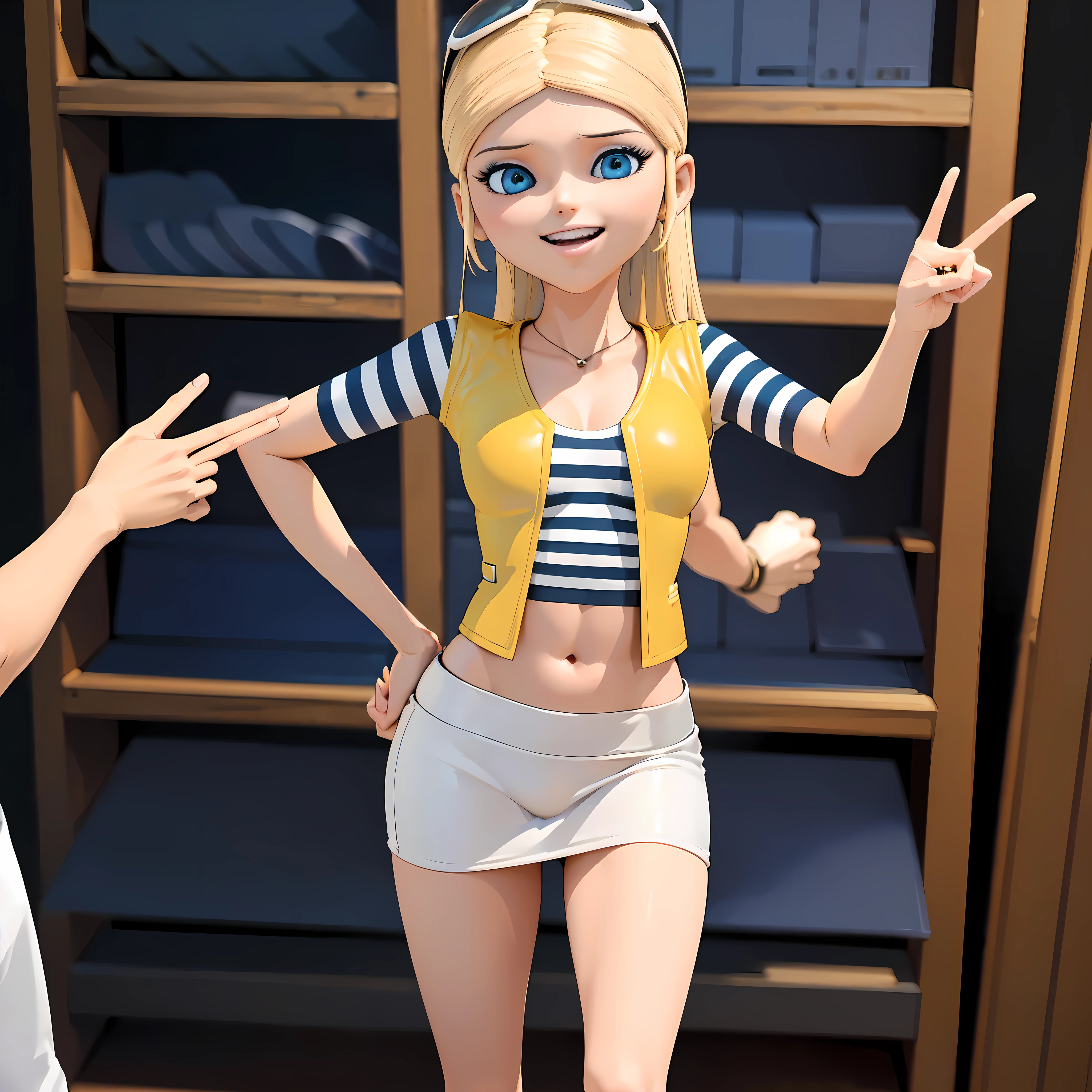 photorealistic, (4k), depth of field, (Masterpiece), (realistic skin texture), extremely detailed, intricate, hyper detailed, high resolution, depth of field, sharp detail, best quality, (8k, RAW photo, best quality, masterpiece:1.2), (intricate details), highres, perfect eyes, perfect face, perfect lighting, beautiful, (masterpiece:1.2), (best quality:1.2), 1girl, solo, chloe, blue eyes, blonde, sunglasses on the head, yellow vest, white miniskirt, black white striped shirt, long yellow socks, navel shirt, big size breast, peace sign hand. smiling, showing teeth