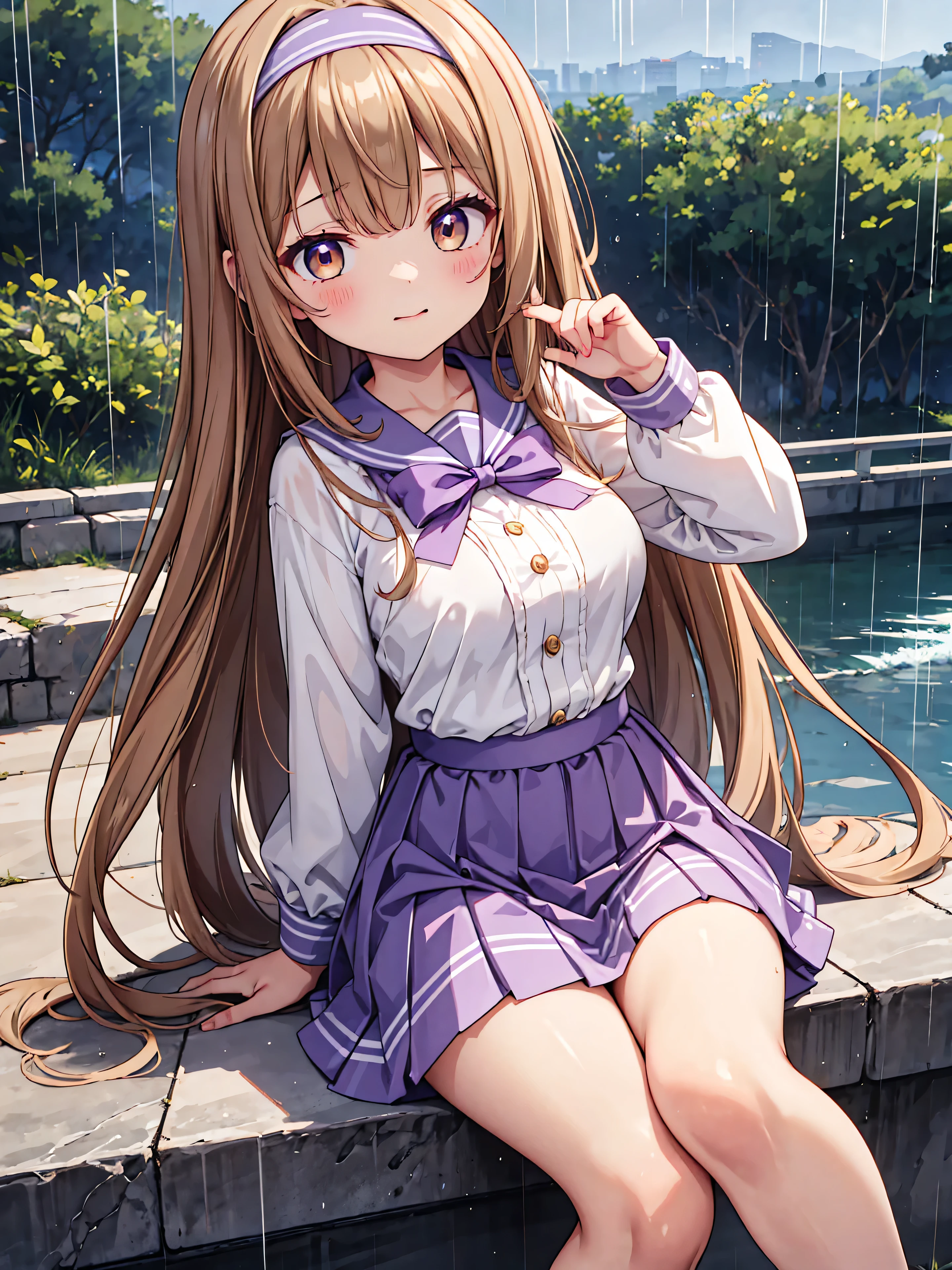 Highly detailed, high quality, masterpiece, beautiful, (all photo shooting), girl student girl, perfect eyes, light brown eyes, light eyes, blushing face, happy face, big thighs, medium breast, long hair, light brown hair, with headband, bow in hair, with purple sailor suit, gray short skirt, sexy, full panties, background image on a bridge with rain