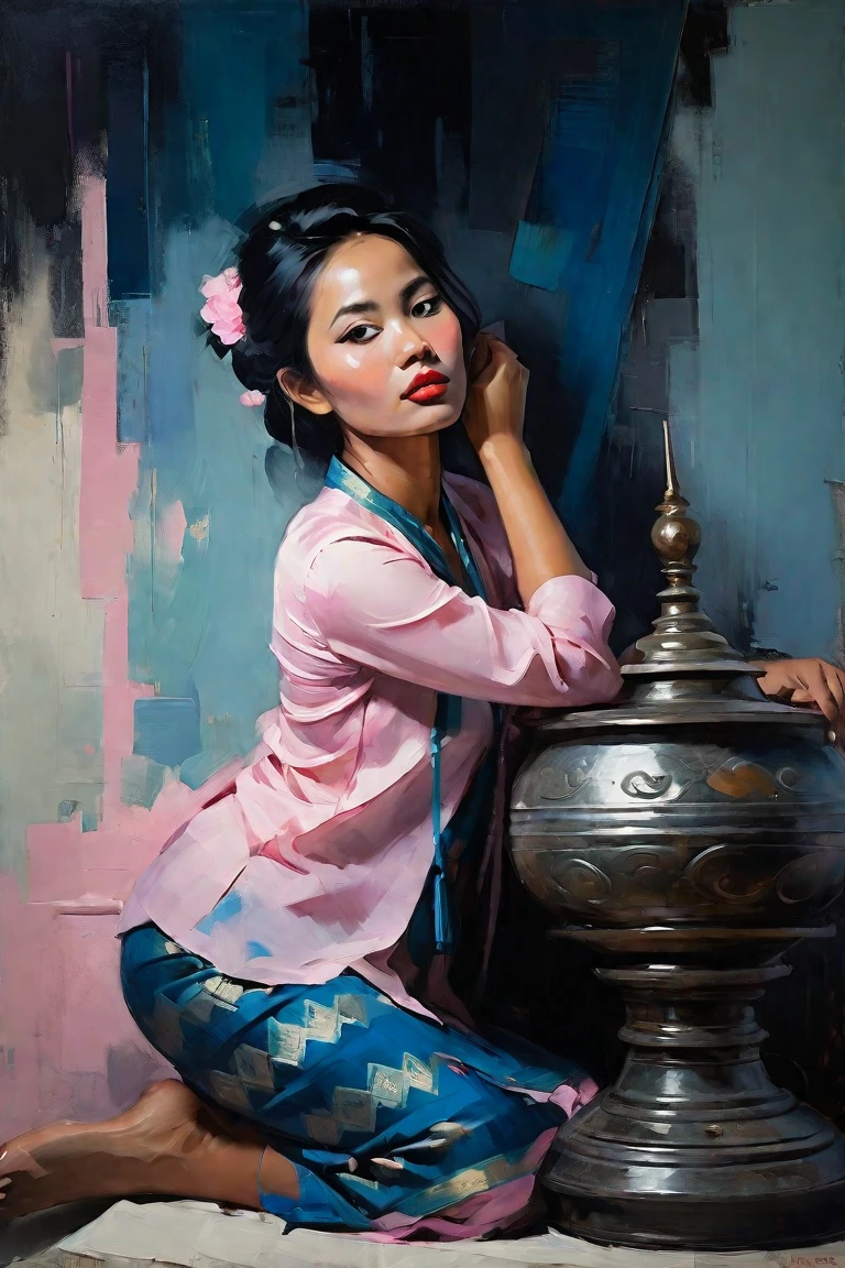 Create a contemporary portrait of a Burmese woman, with Traditional Burmese dress in the
expressive and painterly style of Malcolm Liepke,
utilizing a palette of light pink, muted blue, dark
grayish blue, bright blue, very dark gray, and
light grayish blue.The portrait should feature a
close-up of the subject's face with strong,
dynamic
brushstrokes and a focus on capturing
the depth and texture characteristic of
Liepke's work. Use light pink and bright
blue for the highlights and vibrant
areas,while employing muted blue, dark
grayish blue, very dark gray, and light
grayish blue to create shadows and
depth. Ensure the background
complements
the portrait with subtle variations of the
same color 
palette, evoking a sense of modern
elegance and
emotional intensity