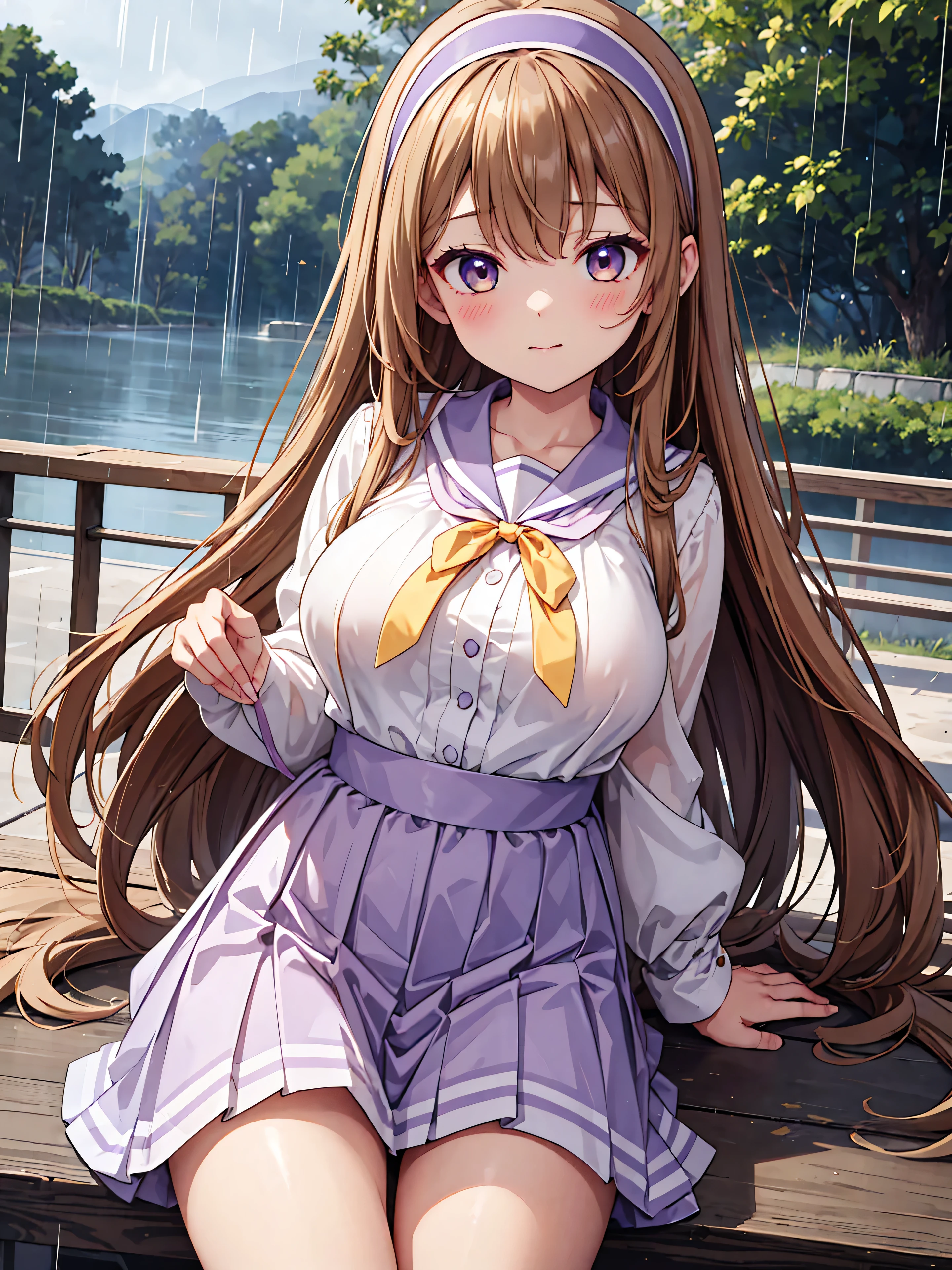 Highly detailed, high quality, masterpiece, beautiful, (all photo shooting), girl student girl, perfect eyes, light brown eyes, light eyes, blushing face, happy face, big thighs, medium breast, long hair, light brown hair, with headband, bow in hair, with purple sailor suit, gray short skirt, sexy, full panties, background image on a bridge with rain