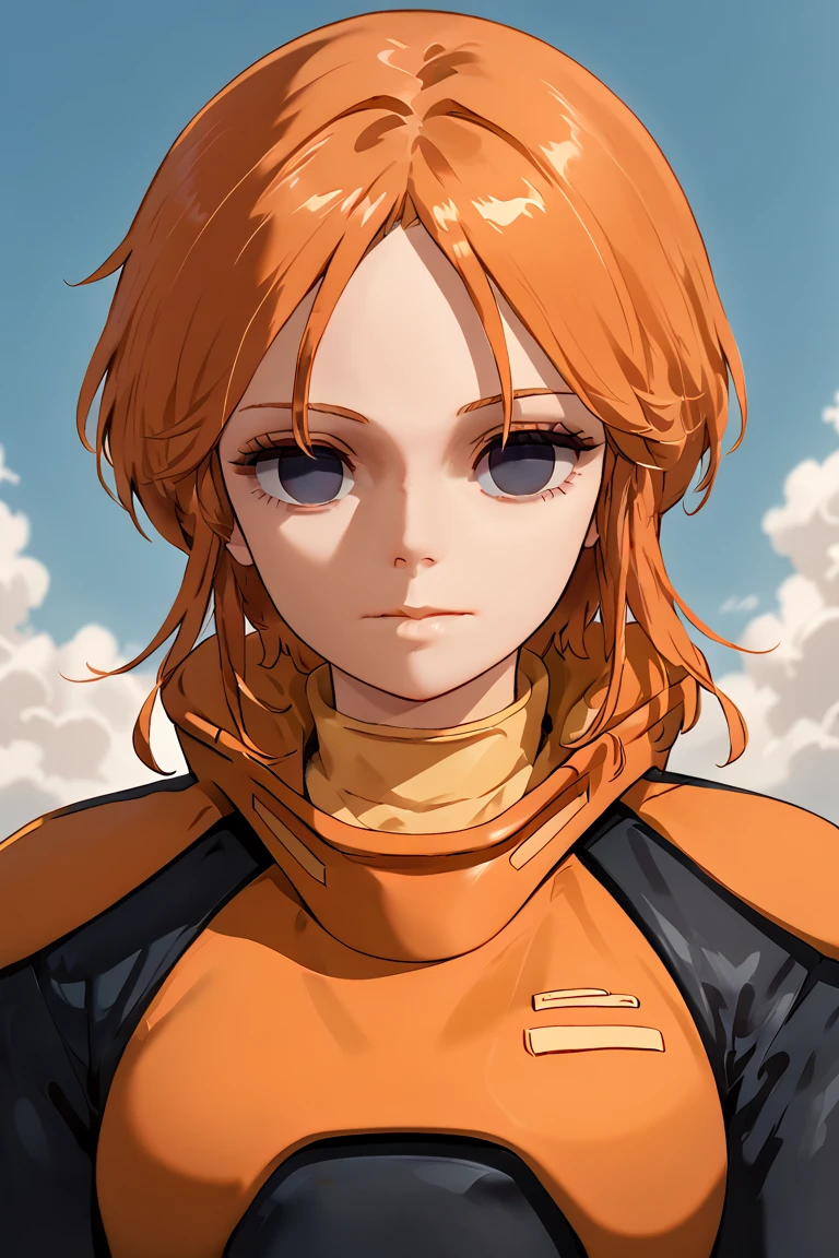 1girl,solo,lppl2,smile,upper_body,orange_hair,pilot_suit,best_quality,standing, (((expressionless,empty eyes))), full body shot