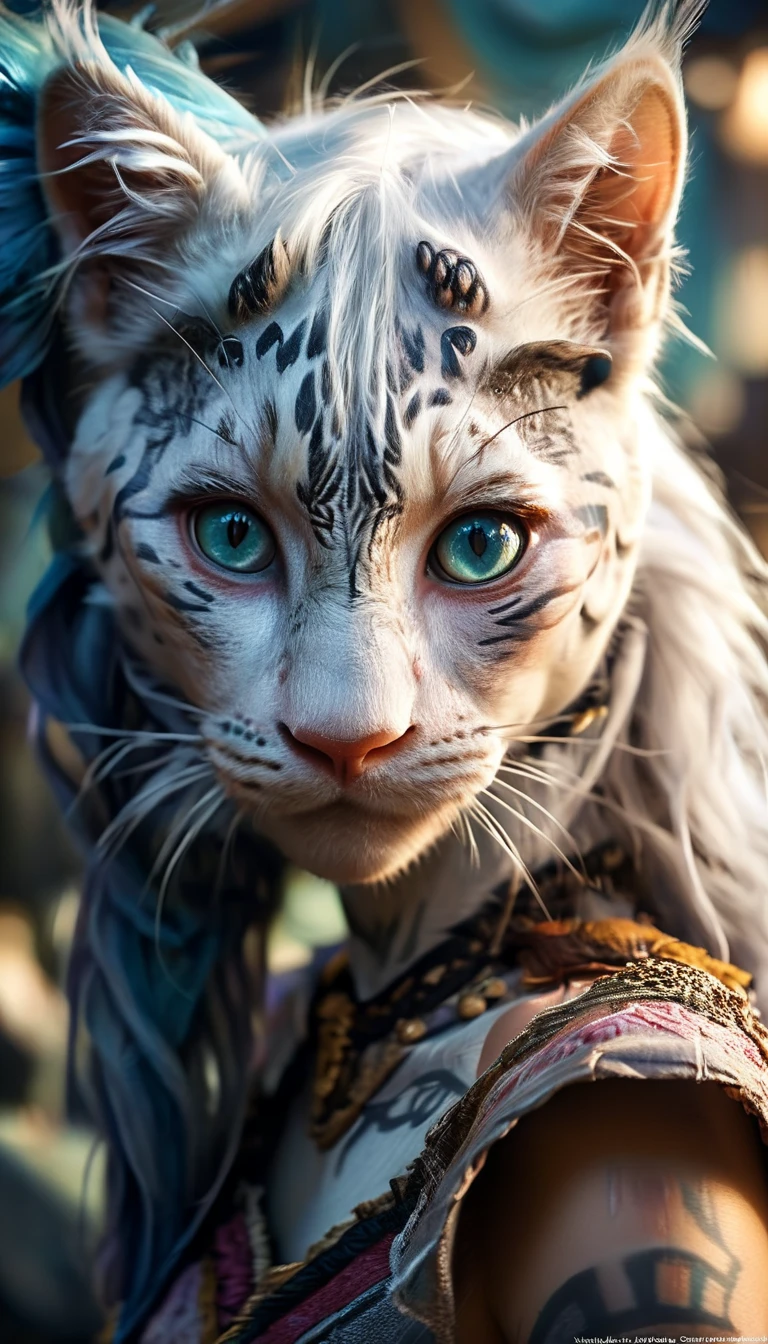 (melhor qualidade,ultradetalhado),(realista:1.37), Close-up, of two Feline-woman Na'vi-from Avatar. They are extremely beautiful, Their faces are a Extreme intense feline expression, Both women have extremely beautiful, slanted eyes, slightly asiatic eyes with a feline touch