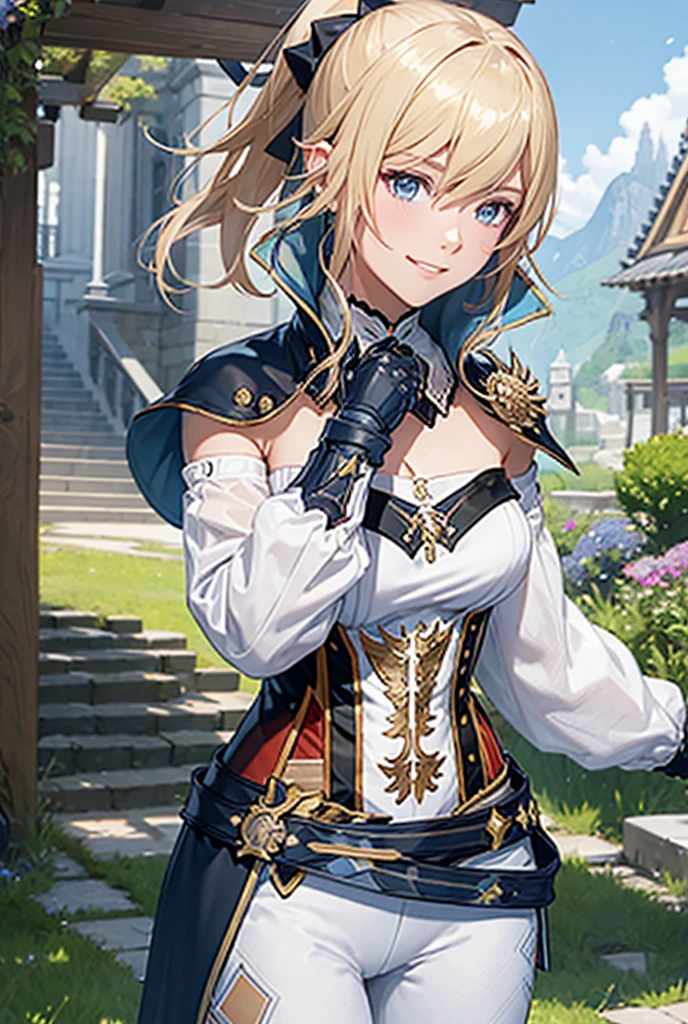 (Masterpiece:1.3), (best quality:1.2), 1girl, (navia \(genshin impact\):1.3), fancy hat, thigh boots, detached sleeves, single glove, strapless dress, detached collar, showgirl skirt, necklace, waist cape, outdoors, <lora:Navia-v2.0_okingjo:0.6>, smile, hand in hair,