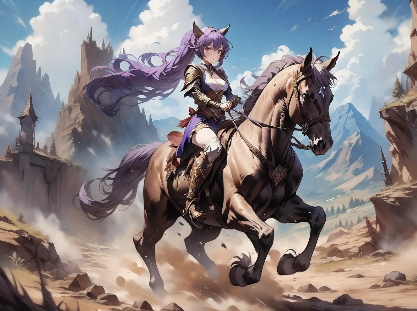 ((best quality)), ((anime masterpiece)), (high detailed), 8k, cinematic lighting, perfect face, medium breast, cleavage, riding, horse, (((a young woman wearing a warrior armor riding on a HORSE)), ([keqing (genshin impact), hair bun, purple hair, twintails, purple eyes, diamond-shaped pupils, hair ornament, cone hair bun, long hair, double bun, bangs, bow, hair flower, hair bow, hair ribbon]), [female warrior armor, cleavage, bare legs, boots])), BREAK, ([brown horse, saddle, reins, bridle, running]), solo, (into a battlefield, mountainside, medieval settings:1.2), both hand holding rein, from side: 1, anatomically correct