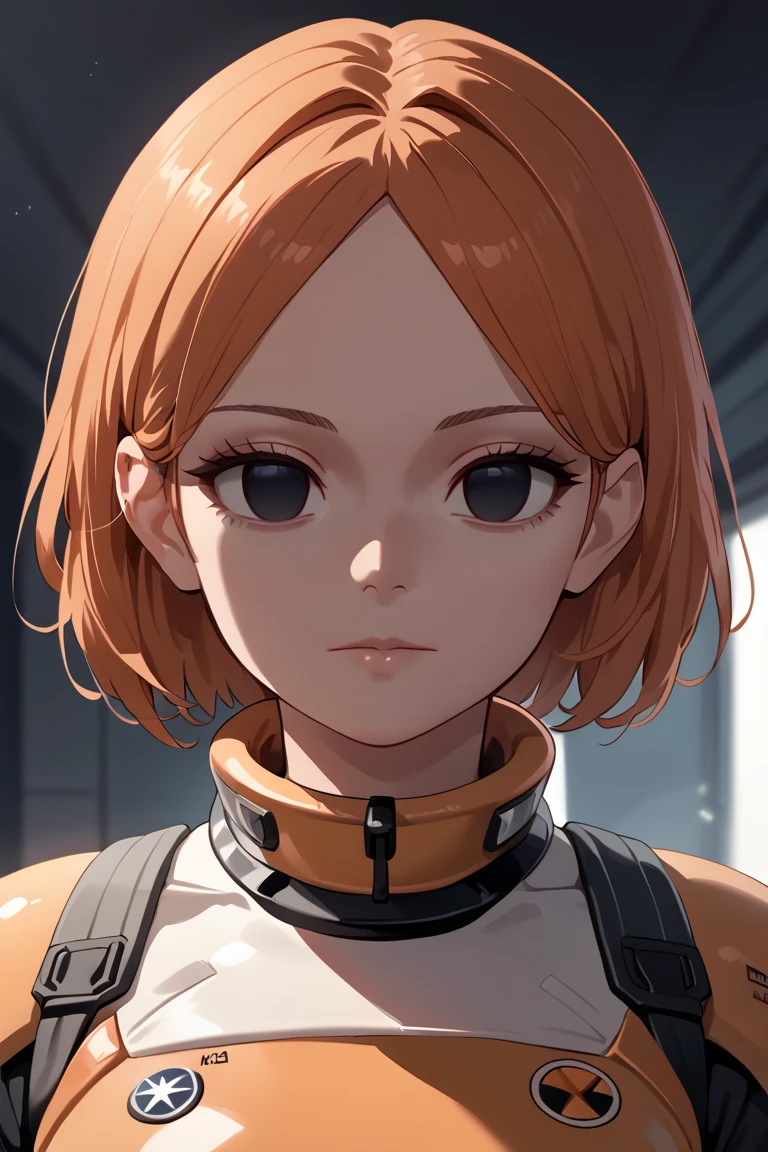 1girl,solo,lppl2,smile,upper_body,orange_hair,pilot_suit,best_quality,standing, (((expressionless,empty eyes))), total body