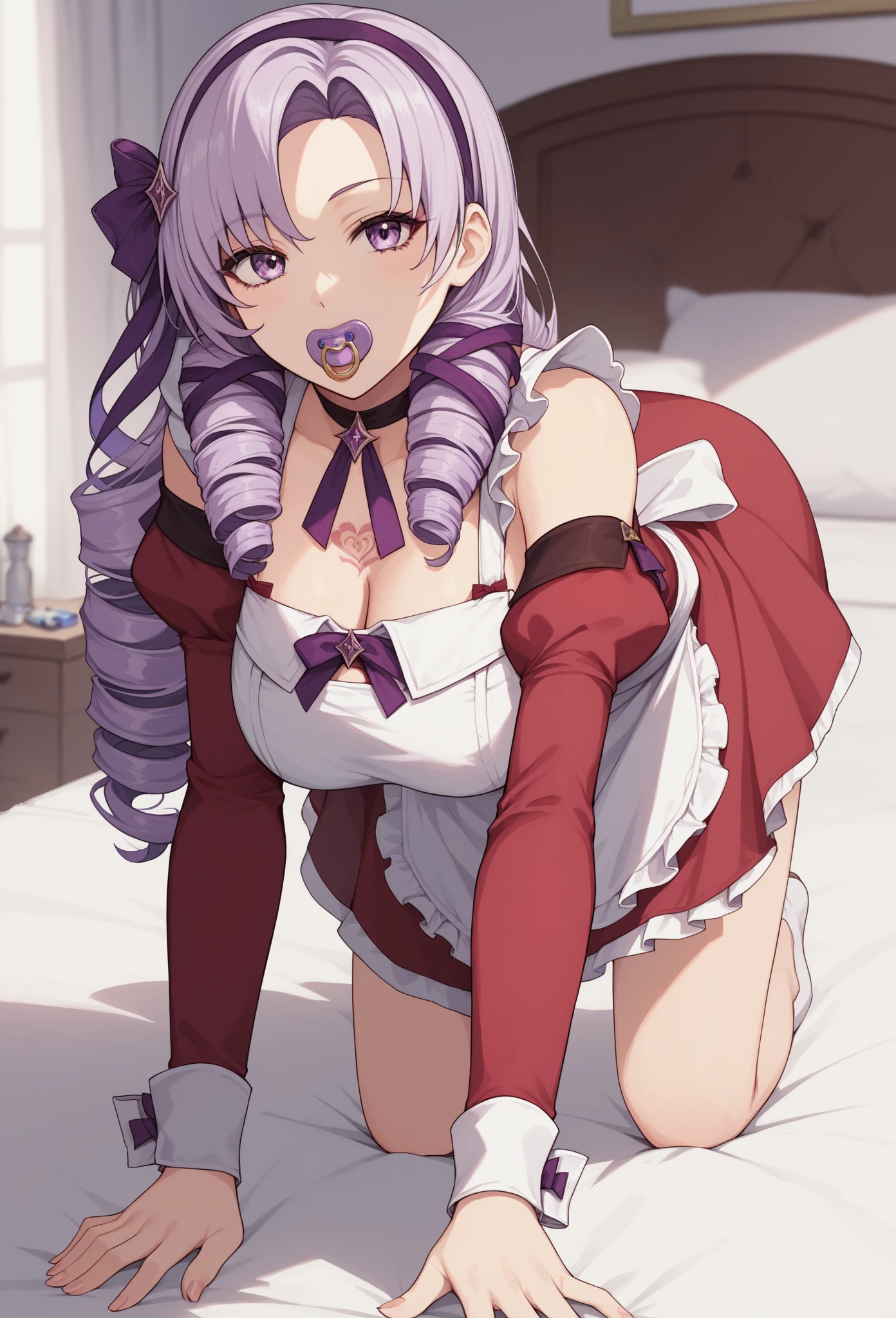 score_9, score_8_up, score_7_up, source_anime, hs1, purple eyes, bangs, parted bangs, purple hair, light purple hair, long hair, drill hair, tattoo, chest tattoo, ribbon,  large breasts, hair ribbon, purple ribbon, hairband, bare shoulders, dress, red dress, long sleeves, juliet sleeves,

bedroom, looking at viewer,
Wearing a diaper,pacifier, Age Play,Buy baby clothes,bib,Naked Apron,On all fours,Maid,