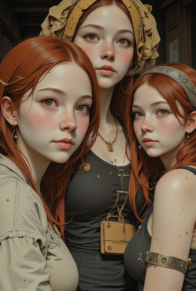 Norman Rockwell style illustration of a depth of field portrait of three pert, nubile, thin, freckled teen girls with 50s style blonde and red hair, wearing black spiked harness , open sweater, white collar,, bare chest, puffy nipples , pink nipples , erect nipples , nipple piercings, dangling nipple rings, elaborate nipple jewelry, wearing green satin and white lace lingerie, sparkling glitter on chest, small breasts, topless, open sweater, bare crotch, white collar, black spiked belt, choker necklace, spiked bracelet