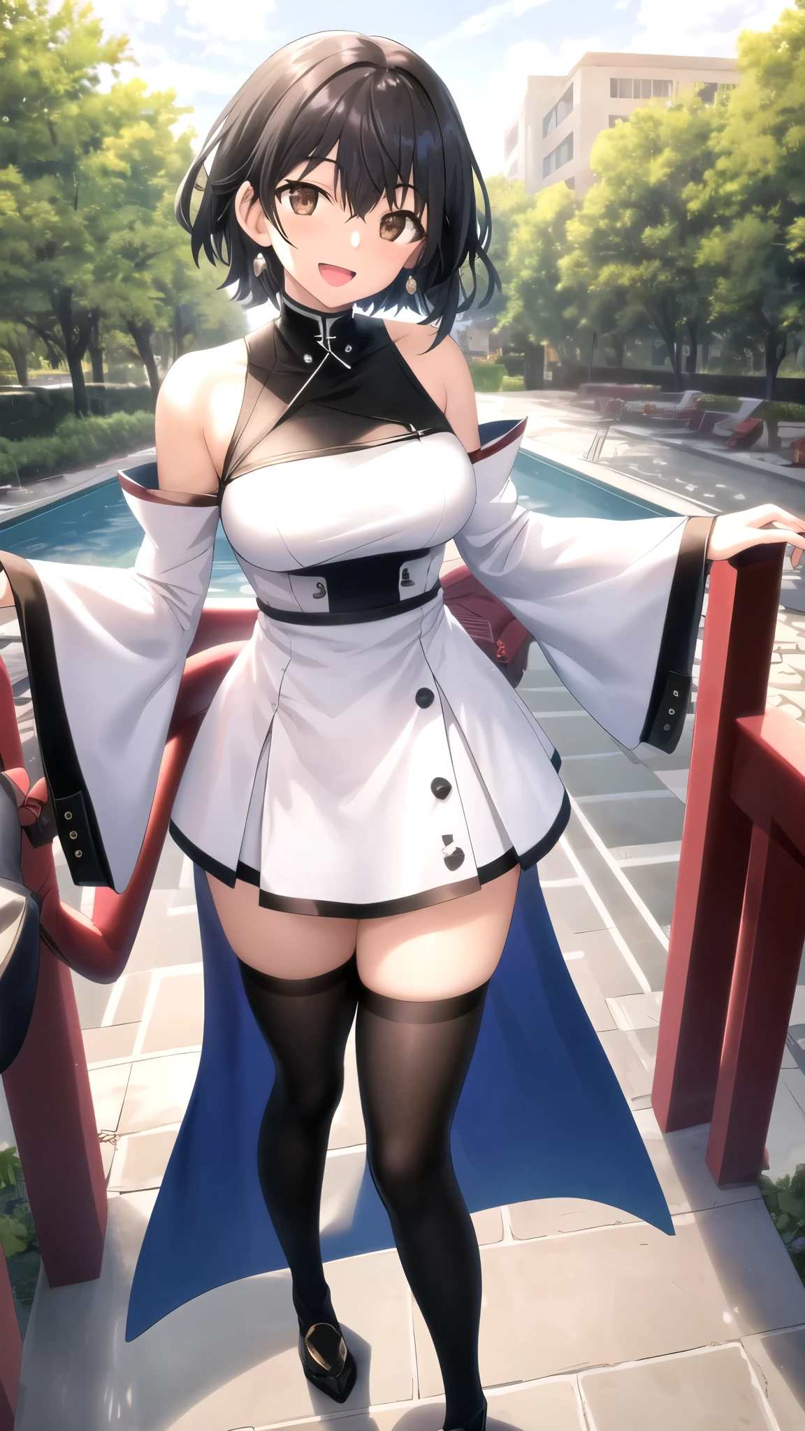 masterpiece, best quality, high quality, girl, solo, looking at viewer, ichika_orimura, black hair, brown eyes, large breasts, white dress, detached sleeves, blue thighhighs, standing, outdoors, smile, open mouth