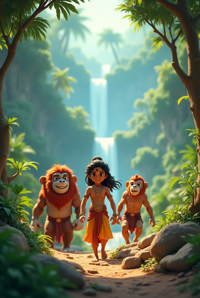 Create a 3D animation sequence that captures a dramatic and dynamic scene from the Ramayana. The animation should depict Lord Ram, Lakshman, and Hanuman navigating through a dense, enchanted forest.