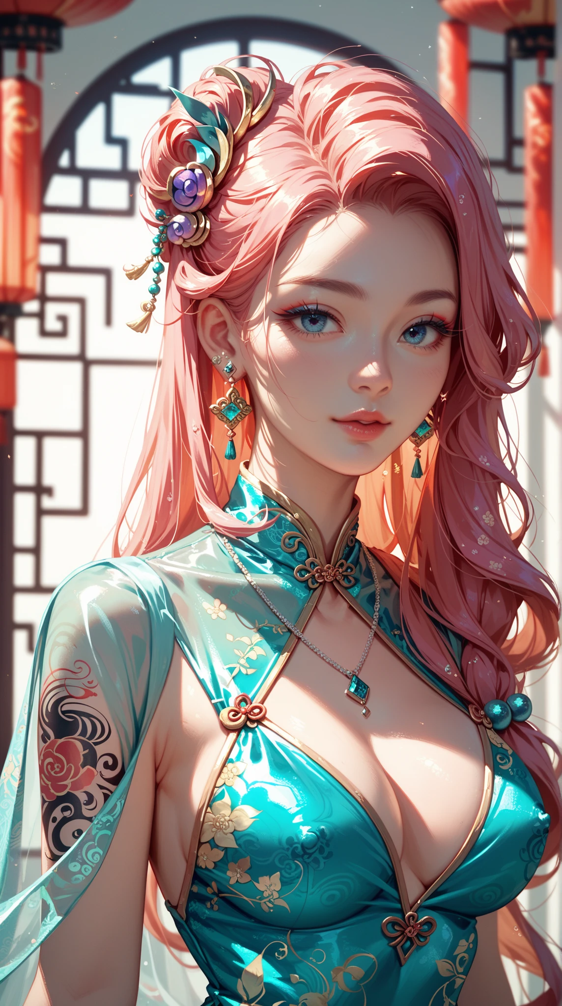 (ultra realistic,32k, masterpiece:1.2),(high detailed skin:1.1),( high quality:1.1),
1girl, pink hair, ponytail hair, bangs,(aqua eyes:0.5),dragon scale cheongsam dress,dragon scale pattern,<lora:Dragon and girl_20240205103724-000018:0.7> (Dragon and girl),chinese dragon, (upper body:1.1),,(looking at viewer, lying, from above:1.1),, huge breast, large breast,<lora:add_detail:0.77>,(iridescence:1.1),  blurry background,