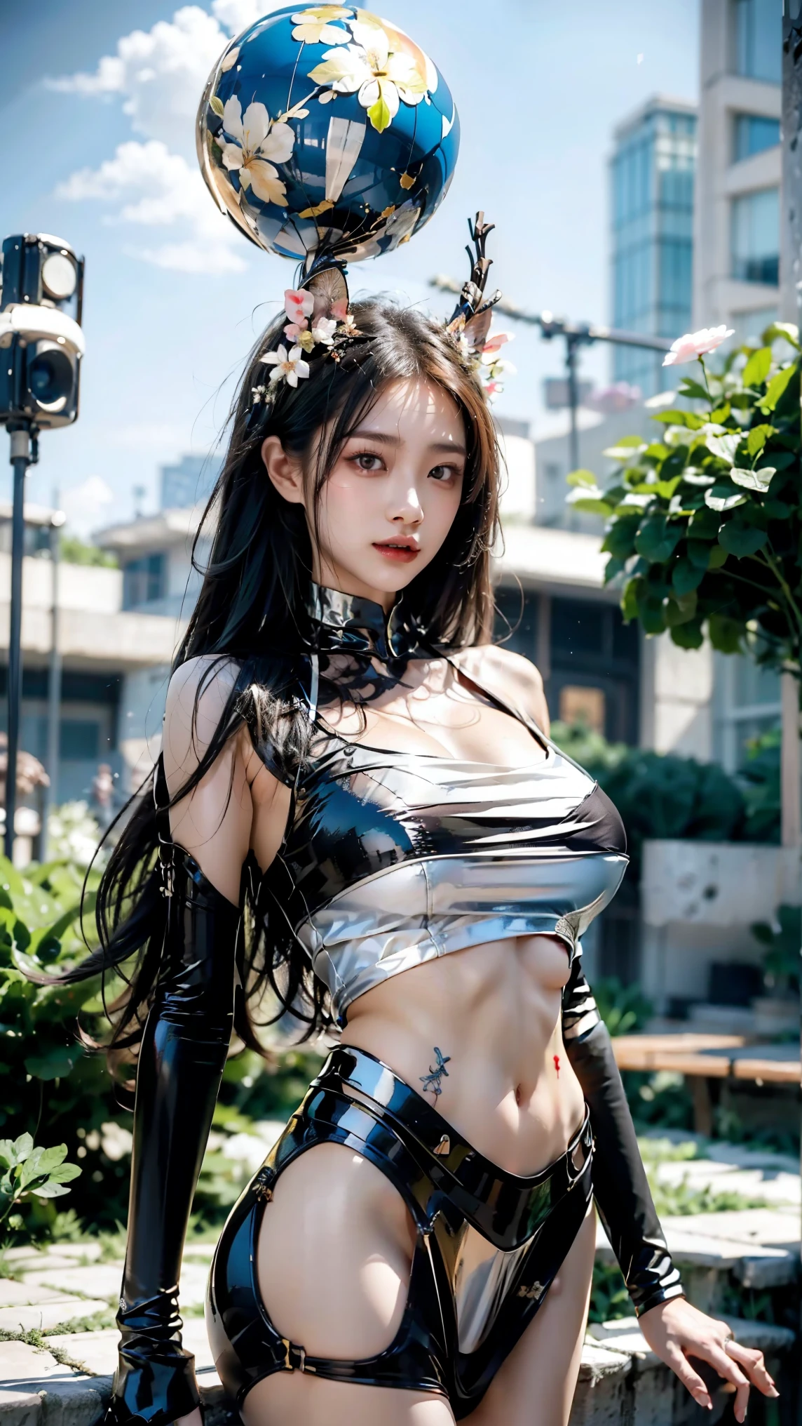 best resolution, (two_heads:1), korean woman with two heads, 21 years old, dark brown hair, straight hair, beautiful, elegant, eyeliner, red lipstick, wearing a crop top, midriff, skirt, egyptian style clothing, staring at viewer