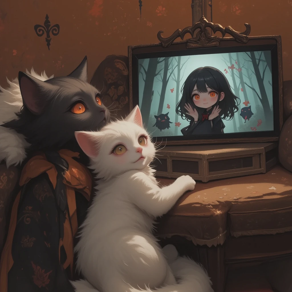 Two cute cats are snuggled up on a fluffy sofa and looking at a tablet screen, There's a chibi devil evil smiling on the tablet screen, the soft, gentle light of indirect lighting, illustration art, ultra detailed, absolutely resolution, masterpiece