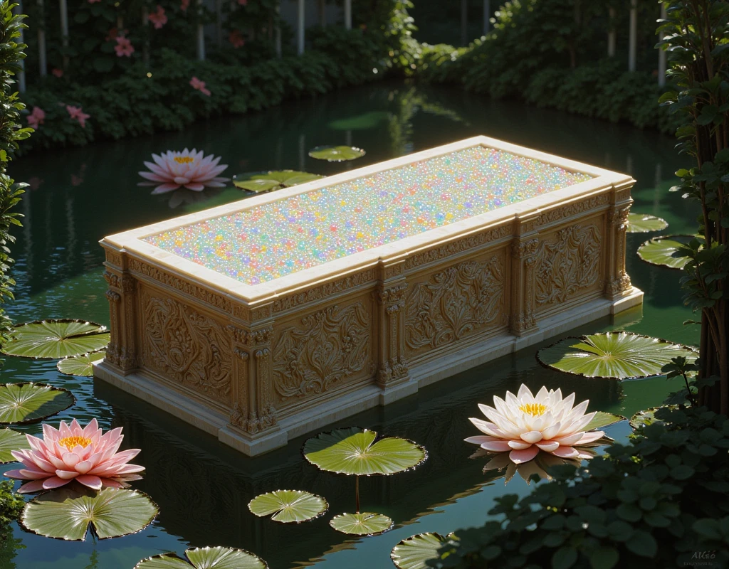 A massive, intricately carved marble box as large as a bed, resting in the center of a serene pool adorned with blooming water lilies. The bowl overflows with countless tiny, luminous, and colorful pearls, their lite hues casting soft reflections on the marble and the water below. The pool is surrounded by lush greenery, with gentle sunlight filtering through, creating a dreamy, tranquil atmosphere. The scene is infused with ethereal beauty, evoking a sense of wonder and peace, as if taken from a mythical paradise.
