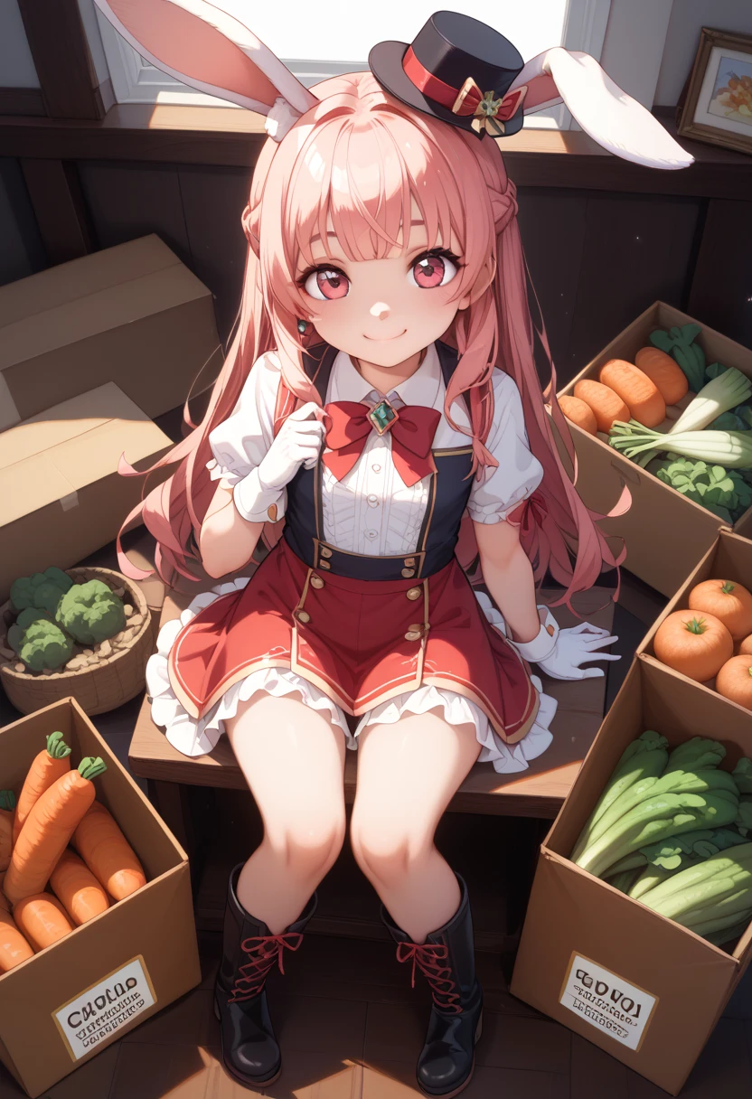 score_9、score_8_ up、score_7_ up、masterpiece、 top quality 、１ cute girl、Bouncy low twin、hot bangs 、Work Clothes with Fur  、 mini hat  、gloves、 boots、 miniature rabbit delivery man is delivering vegetable boxes 、 happy smile、 complete box 、Puzzle box 、 heaps of sparkling vegetable boxes 、 high res