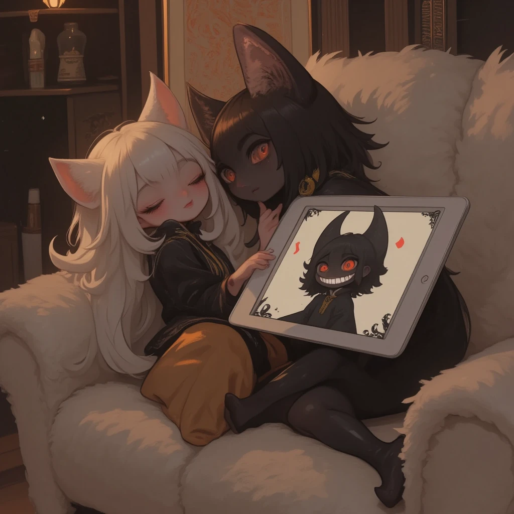 Two cute cats are snuggled up on a fluffy sofa and looking at a tablet screen, There's a chibi devil evil smiling on the tablet screen, the soft, gentle light of indirect lighting, illustration art, ultra detailed, absolutely resolution, masterpiece