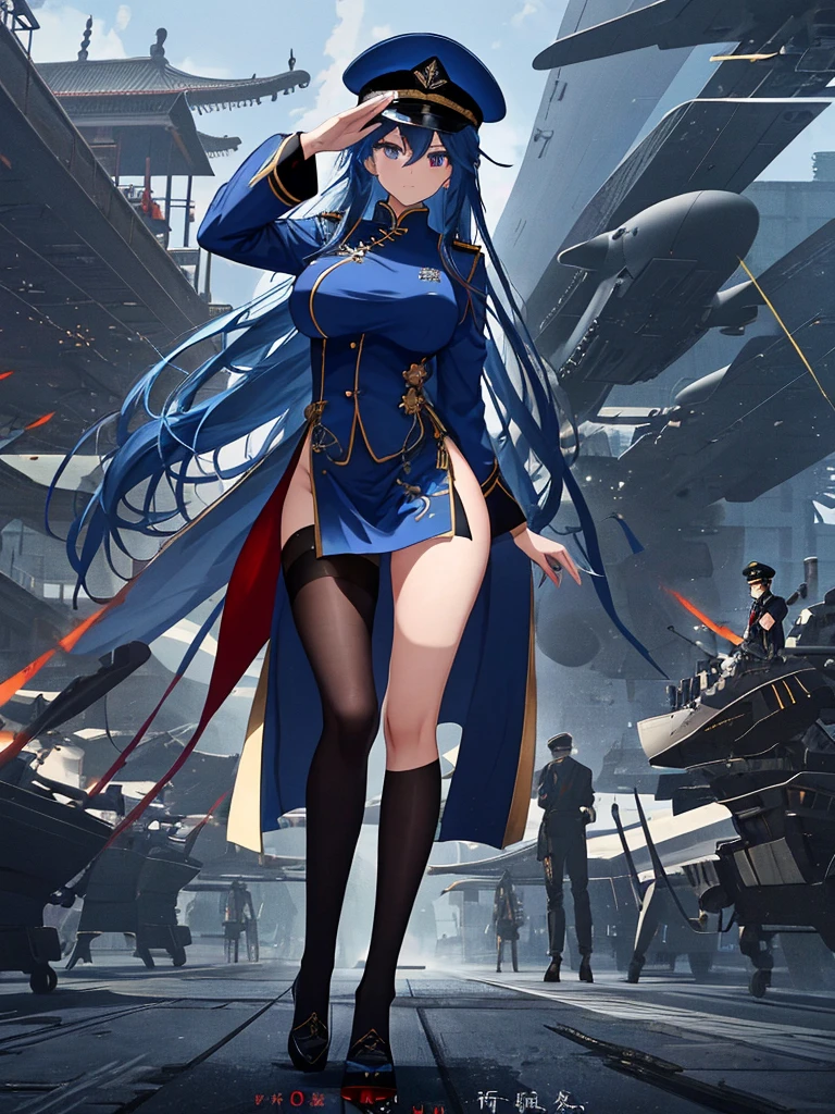 Big Breasts、Big Breasts、 Chinese army on the back Fighter jets are flying There are fighter jets about to take off 、 anime-style images and characters with Big Breasts, leg length, navy long hair clothes are 1 blue color of Chinese military uniforms, 1 color Chinese military hat is also blue 1 color Chinese military hat is also blue 1 color, legs are slightly larger, and the chest is slightly larger, pointing to the left with the right hand、 the character's hair is a little darker 、 character standing next to that ship's cannon, make the color of the hat a little darker 、Big Breasts、Big Breasts、Fair skin、 huge breasts 、Big Breasts、Leg length、Little blizzard 、Big Breasts、valley、Right hand salute、 Tall、 has sharp eyes 、超Big Breasts、 huge breasts 、Big Breasts、Big Breasts、 blue tights on the legs 、Sideboob、 the character's hair is a little darker on the back 、 the eyes are pretty sharp 、Horizontal eyes、 with narrow eyes、 legs are crossed 、 breasts are too big 、L cup breasts、 the wind is slightly sharp 、 cool face 、Stern face、Super tall, leg length 、legs are elongated,、On the runway、 the military uniform is dark navy 、 the military hat is dark navy 、 the character's hair is dark navy 、 underexposed、Then fighter jets fly from right to left 、 the character points to the left with his right hand 、 Hermaphrodite 、 Hermaphrodite 巨根巨乳、 there is no one around 、 fighter jets parked nearby