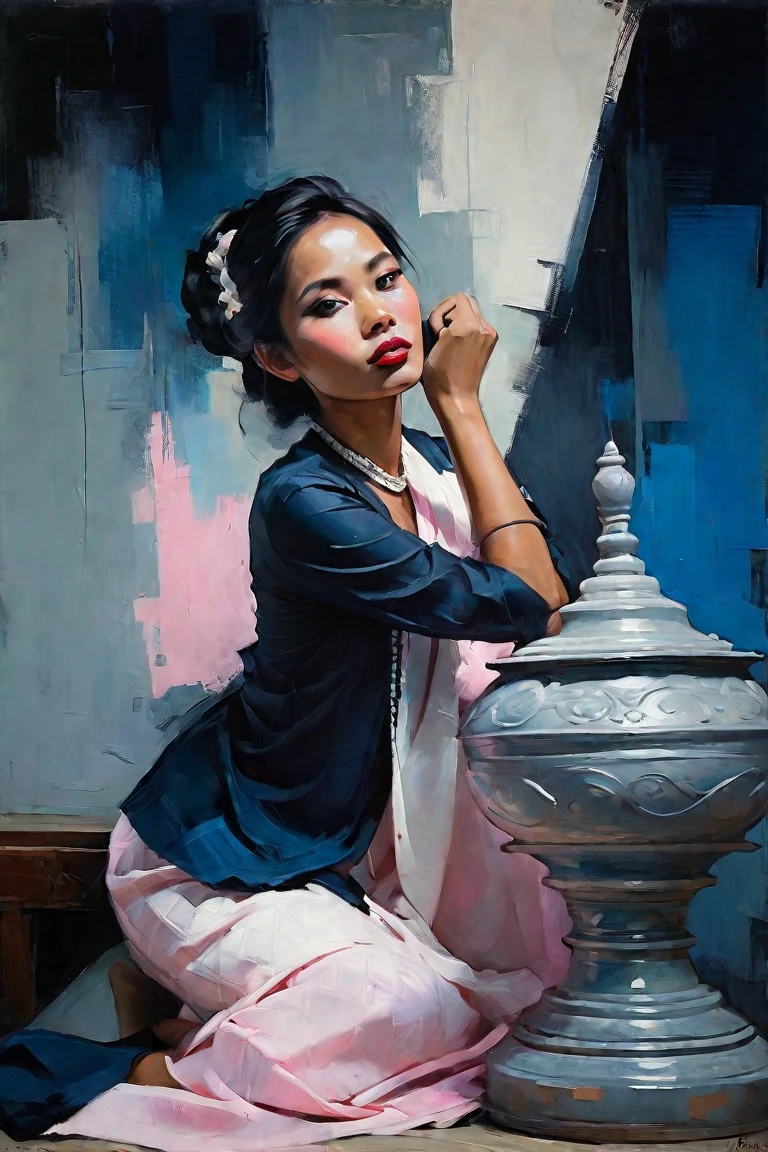 Create a contemporary portrait of a Burmese woman, with Traditional Burmese white dress in the
expressive and painterly style of Malcolm Liepke,
utilizing a palette of light pink, muted blue, dark
grayish blue, bright blue, very dark gray, and
light grayish blue.The portrait should feature a
close-up of the subject's face with strong,
dynamic
brushstrokes and a focus on capturing
the depth and texture characteristic of
Liepke's work. Use light pink and bright
blue for the highlights and vibrant
areas,while employing muted blue, dark
grayish blue, very dark gray, and light
grayish blue to create shadows and
depth. Ensure the background
complements
the portrait with subtle variations of the
same color 
palette, evoking a sense of modern
elegance and
emotional intensity