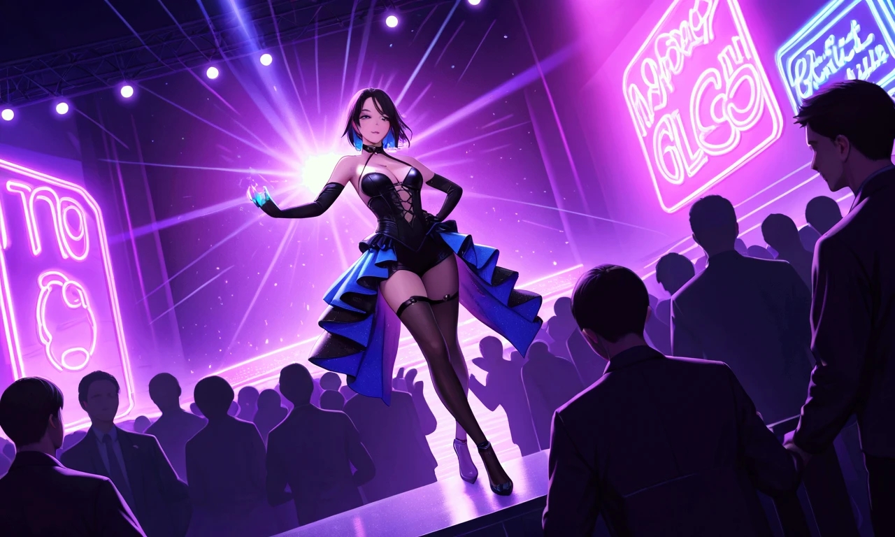 a photo portrait of beautiful female magician, formal tuxedo outfit, gloves, flat chested, (showing cleavage), (fishnet pantyhose), sexy, sneaky expression, performing a magic card trick, sparks in the air, ((concert background)), best quality masterpiece, photorealistic, detailed, 8k, HDR, shallow depth of field, broad light, high contrast, backlighting, bloom, light sparkles, chromatic aberration, sharp focus, RAW color photo, cinematic lighting, octane render, volumetric lighting