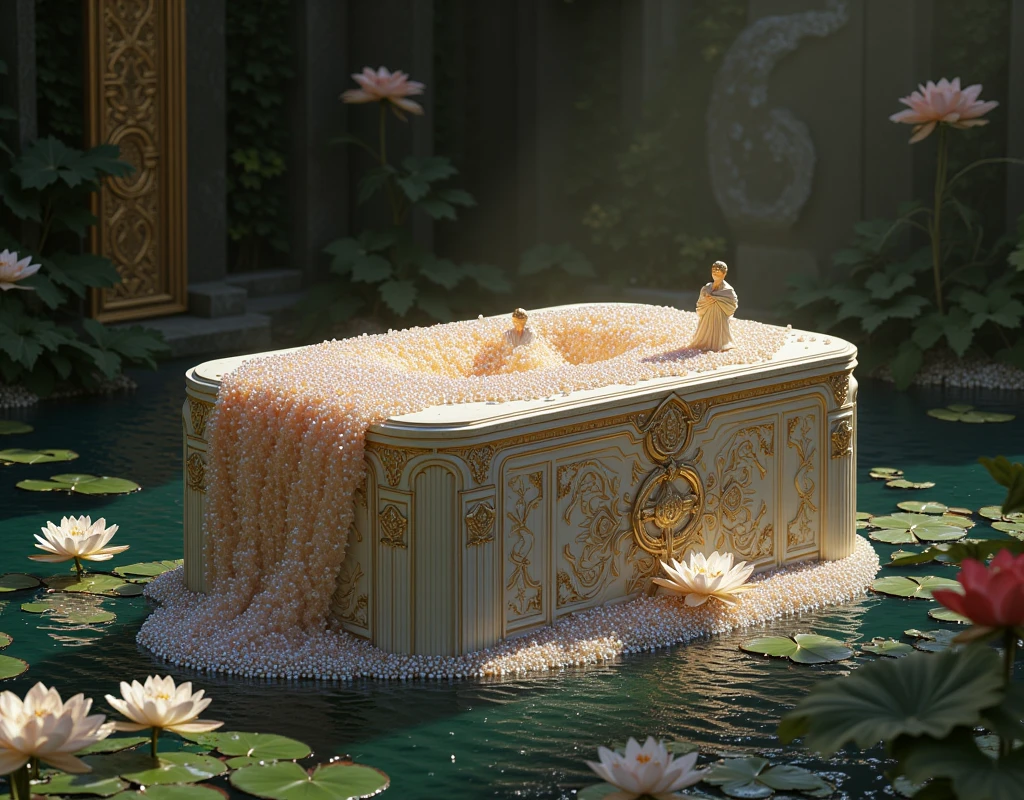 A massive, intricately carved marble box as large as a bed, resting in the center of a serene pool adorned with blooming water lilies. The bowl overflows with countless tiny, luminous, and colorful pearls, their lite hues casting soft reflections on the marble and the water below. The pool is surrounded by lush greenery, with gentle sunlight filtering through, creating a dreamy, tranquil atmosphere. The scene is infused with ethereal beauty, evoking a sense of wonder and peace, as if taken from a mythical paradise.
